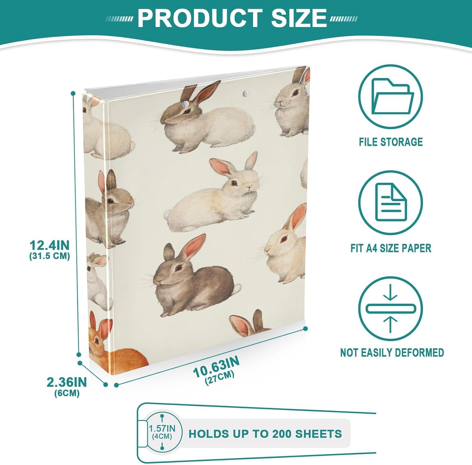 3 Ring Binder Folder Rabbits Bunny 1.5 Inch Large Decorative Clipboard Binders with Pockets Waterproof Holds 200 Sheets File for Office, SCH