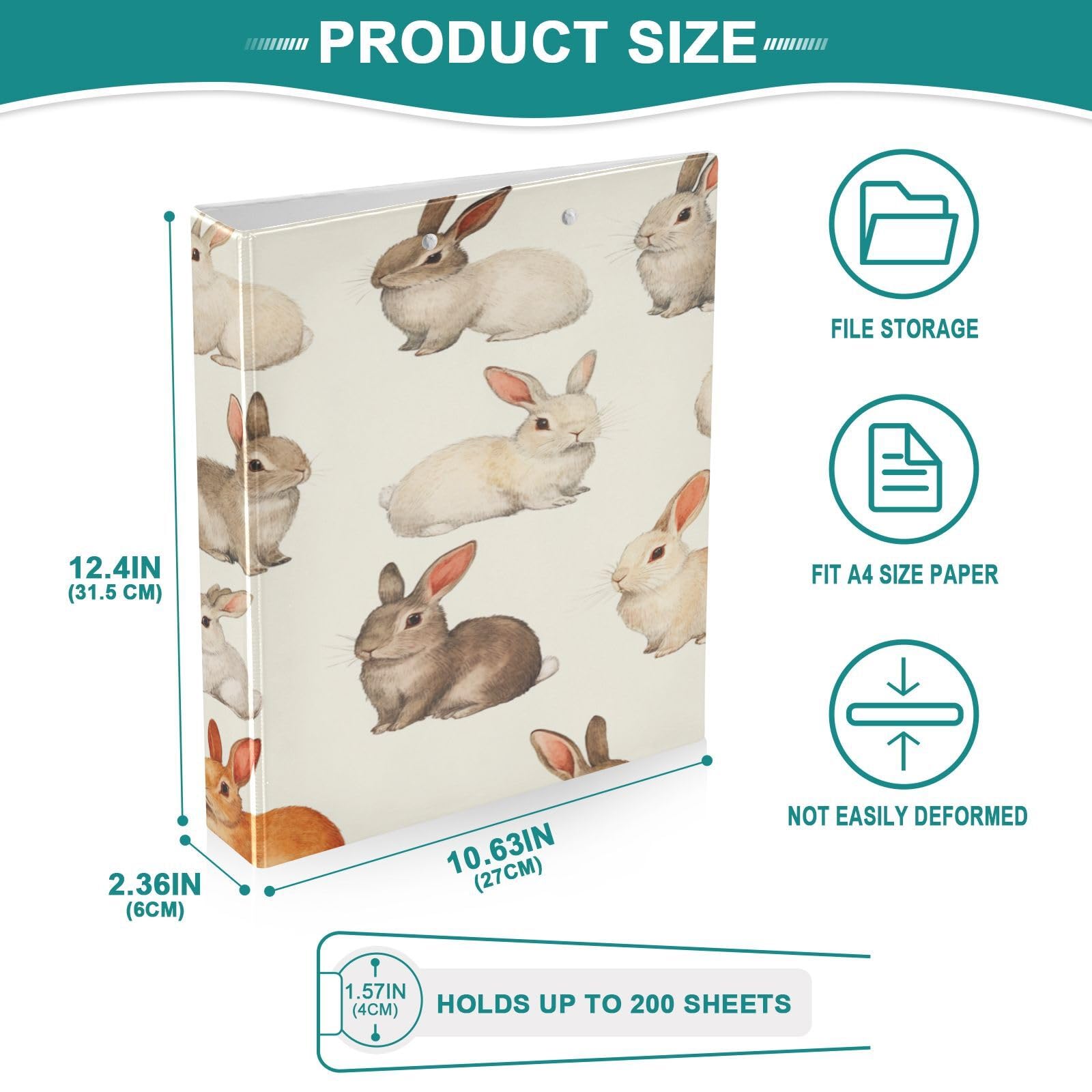 Cartella a 3 anelli con coniglio, 3,8 cm, grande, decorativa, con tasche, impermeabile, può contenere 200 fogli per ufficio, SCH