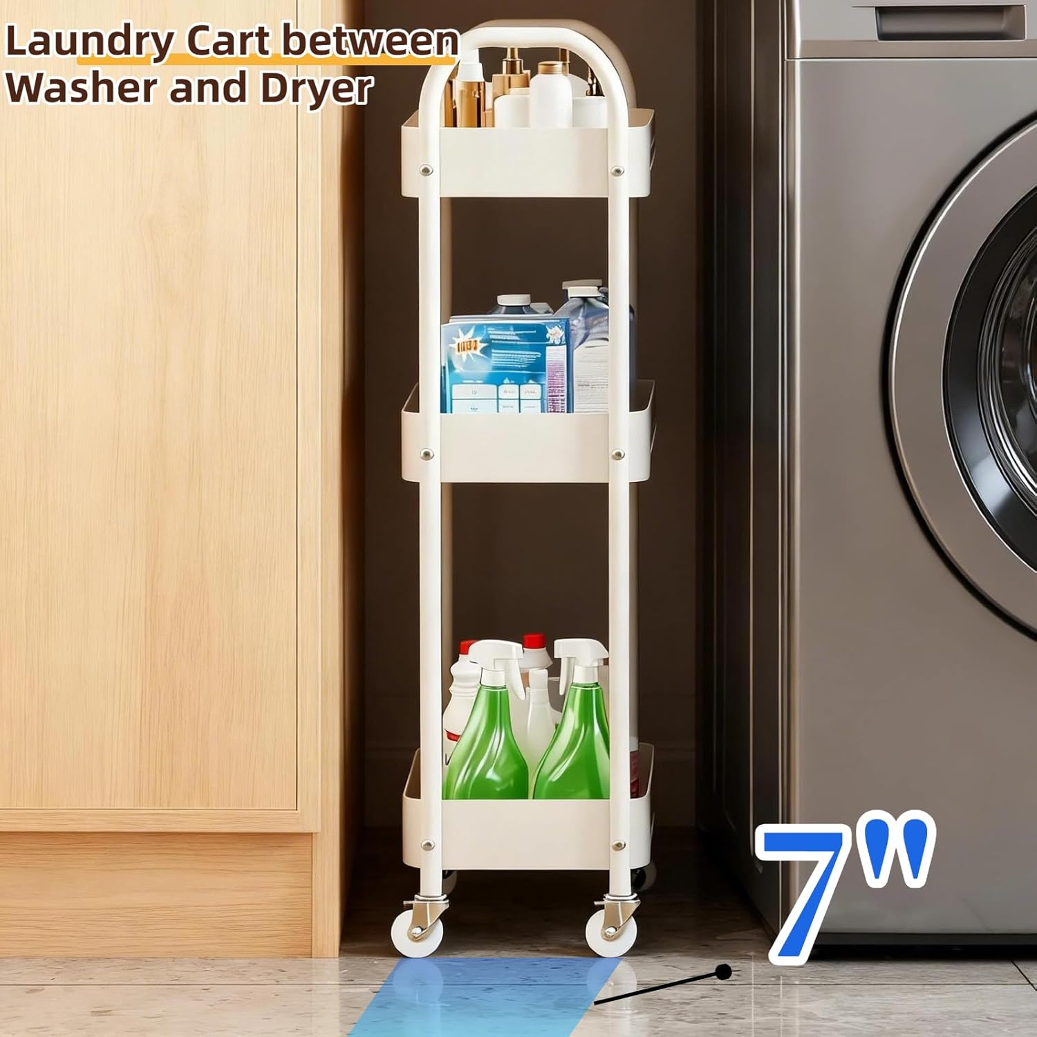 3 Tier Narrow Rolling Storage Cart for Laundry Room Bathroom Kitchen, 7.1'' Slim Utility Cart with Wheels and Lockable Casters Standing Shelf for Small Space & Between Washer and Dryer, White