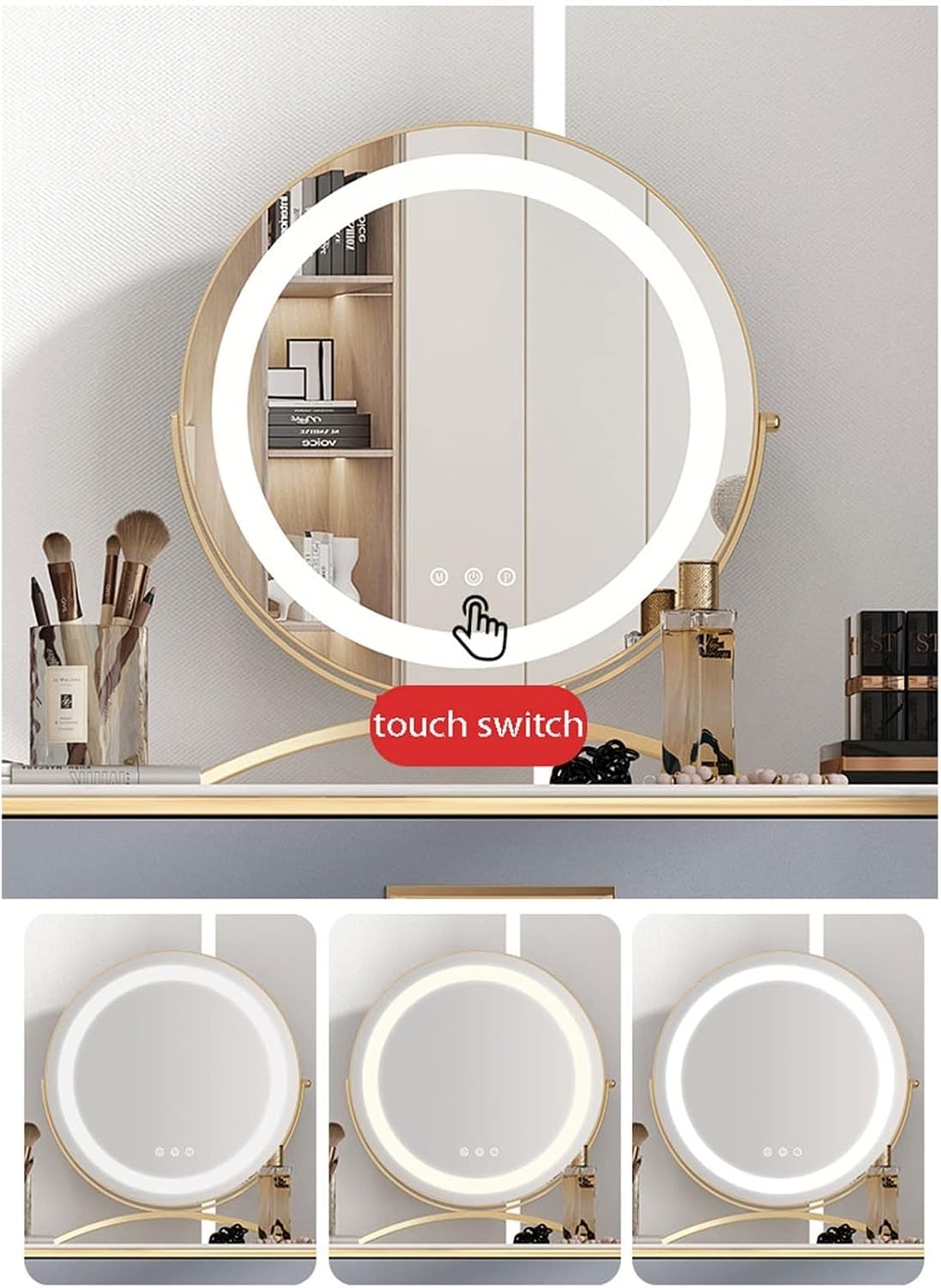 Vanity Dressing Table Set Luxury Makeup Bench with 3 Colors Led Hd Mirror,Comfortable Stool Drawers Cabinet,Modern Simple Style,for Girl's Gift (Color : A, Size : 100cm) (A 100cm)