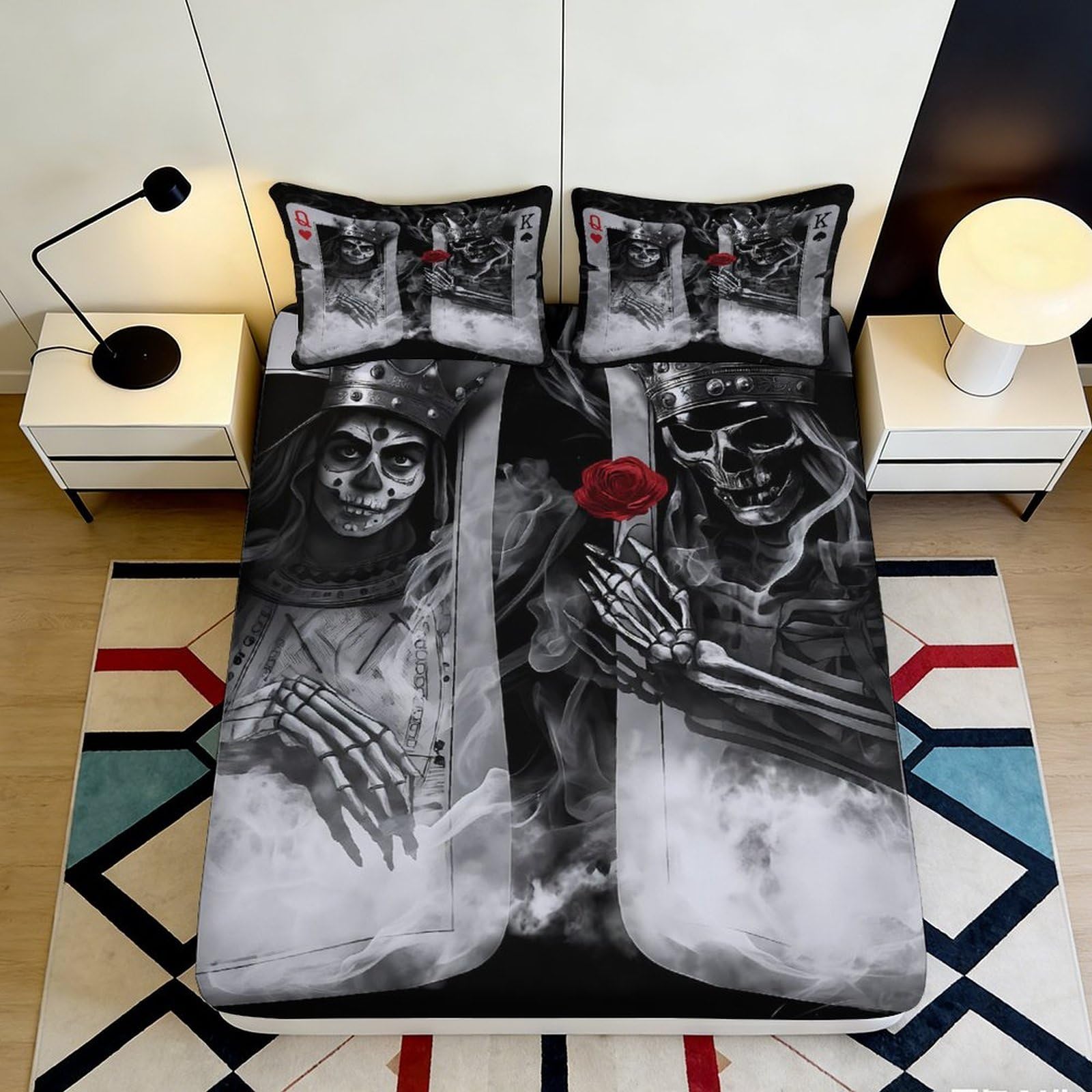 3D Printed Skull Fitted Sheet Microfiber Non-Slip Deep Pocket Skull Mattress Fitted Cover Washable Full Wrap for Bedroom 90x200x25cm