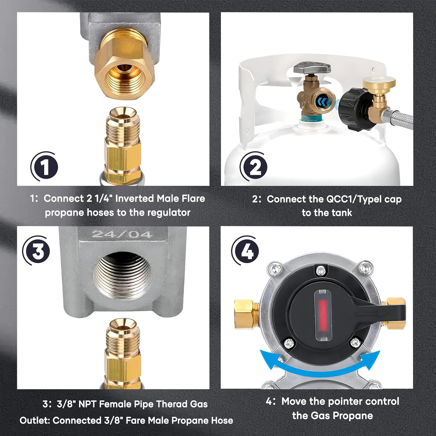 Rv Propane Regulator 2-Stage Auto Changeover with 2 Pack 18'' Stainless Braided QCC1 1/4" Inverted Male Flare RV Pigtail Propane Hoses with Gauge