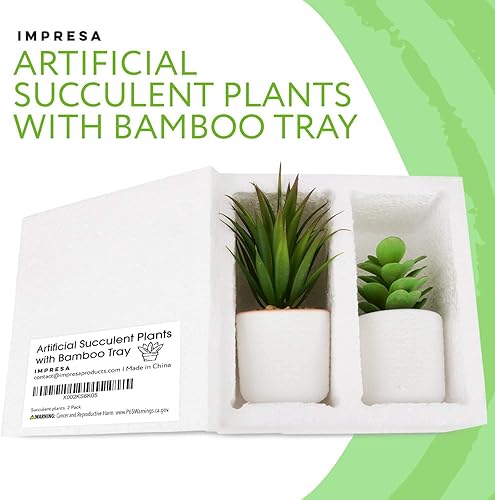 Miniatura 7 de Impresa Juego de 2 plantas suculentas sintéticas, 6.5 pulgadas de alto x 3 pulgadas de ancho, juego de macetas de cerámica blanca, plantas