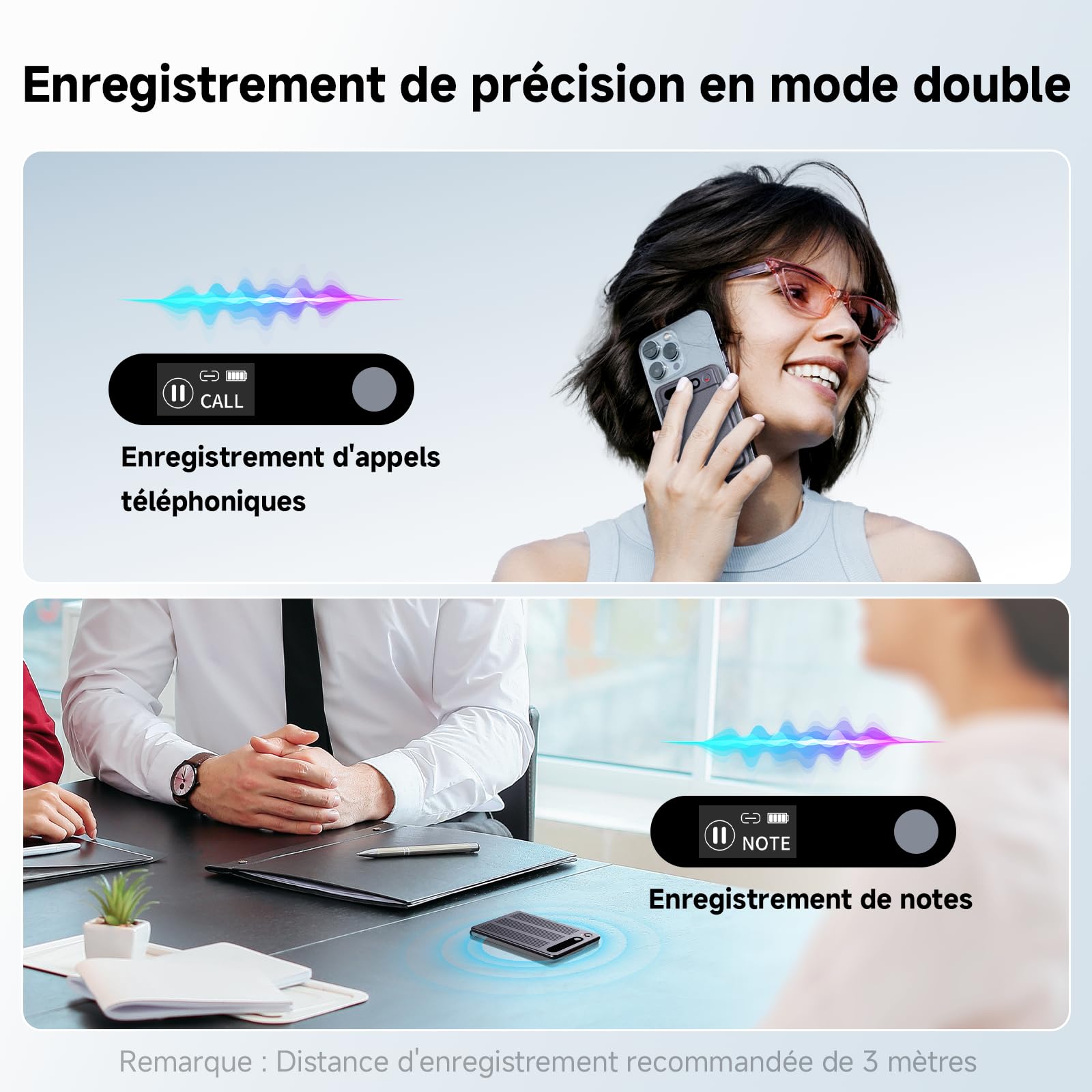 Enregistreur Vocal IA avec Étui magnétique Dictaphone - Contrôle par App, Traducteur & Transcription & résumé, 80+ Langues pour Conférences Appels