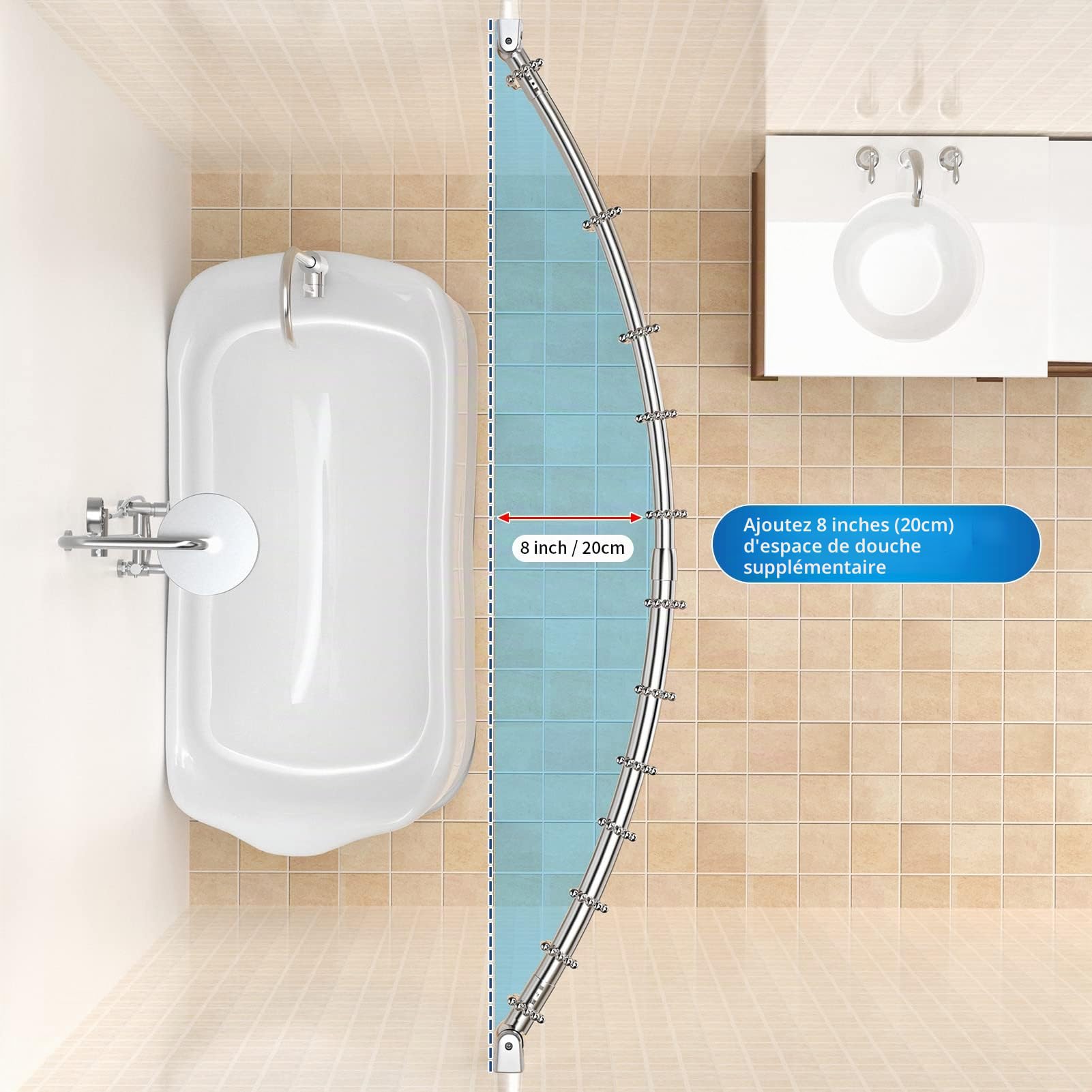 Tringle à rideau de douche incurvée réglable et extensible en acier inoxydable de 110 à 180 cm, design télescopique exquis personnalisable pour salle de bain, besoin de percer.