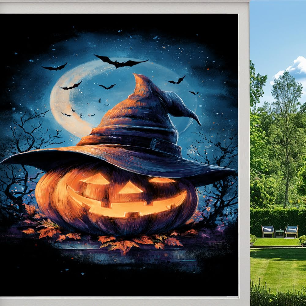Pmlbaous Dark Full Moon Frosted Window Film, Halloween Witch Hat Pumpkin Stained Glass Privacy Film, Heat Insulation Self-Adhesive Vinyl For Bathroom Office, （80X140cm）