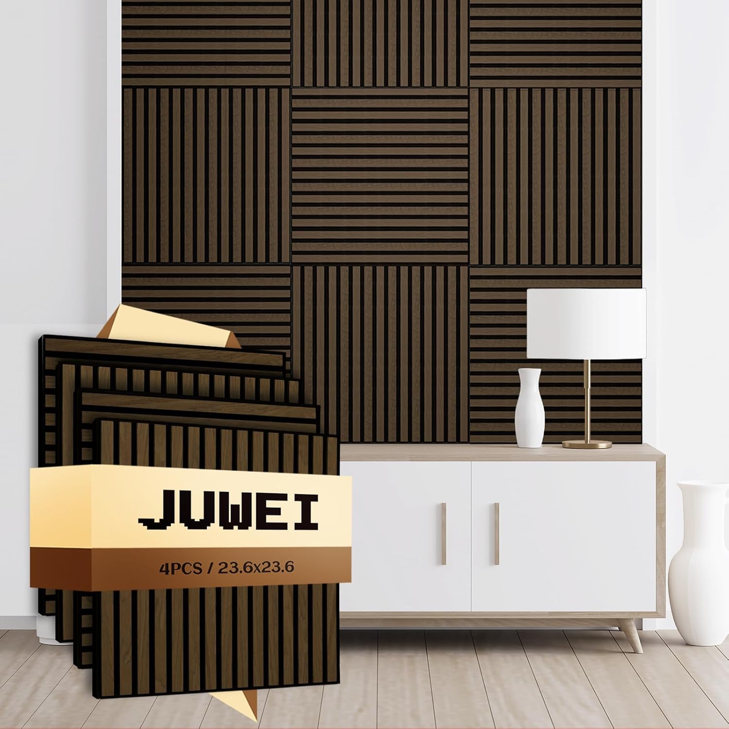 AKK-Star Wood Slat Acoustic Panels (4 Pack/23.6"x23.6"/Covers 15.5 Sq. Ft.)  3D Textured Wall Panels for Noise Reduction & Modern Decor, Soundproof Panels for Living Room & Bedroom(5# Dark Walnut)