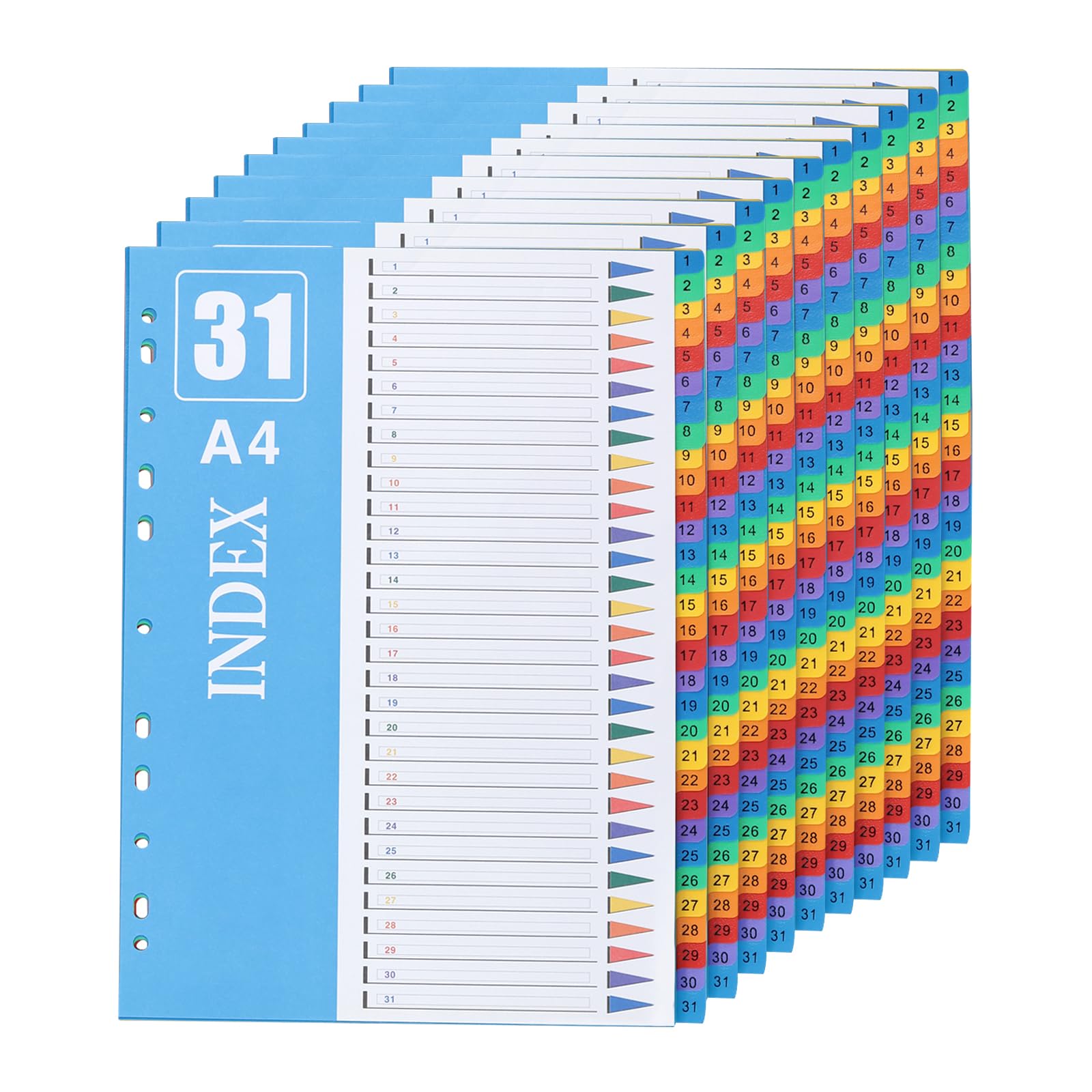 10 Divisori per Raccoglitori A4, 31 Tasti Colorati, 29,7 x 22,5 cm | SINJEUN, Separatori ad Anelli in PP con Foratura Universale, Linguette Assortite per Ufficio, Scuola e Casa