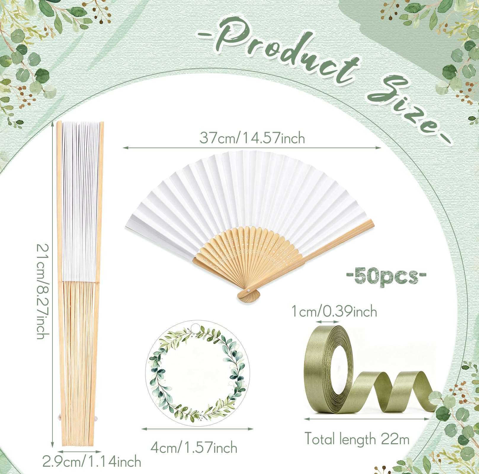 BBTO 50 Pcs Eventail Mariage Poche Pliante Pliant en Bois Papier Ventilateur Mit Étiquettes et Rubans pour Cadeaux Mariage, DIY, Demoiselles, Fête, Danse et Décoration