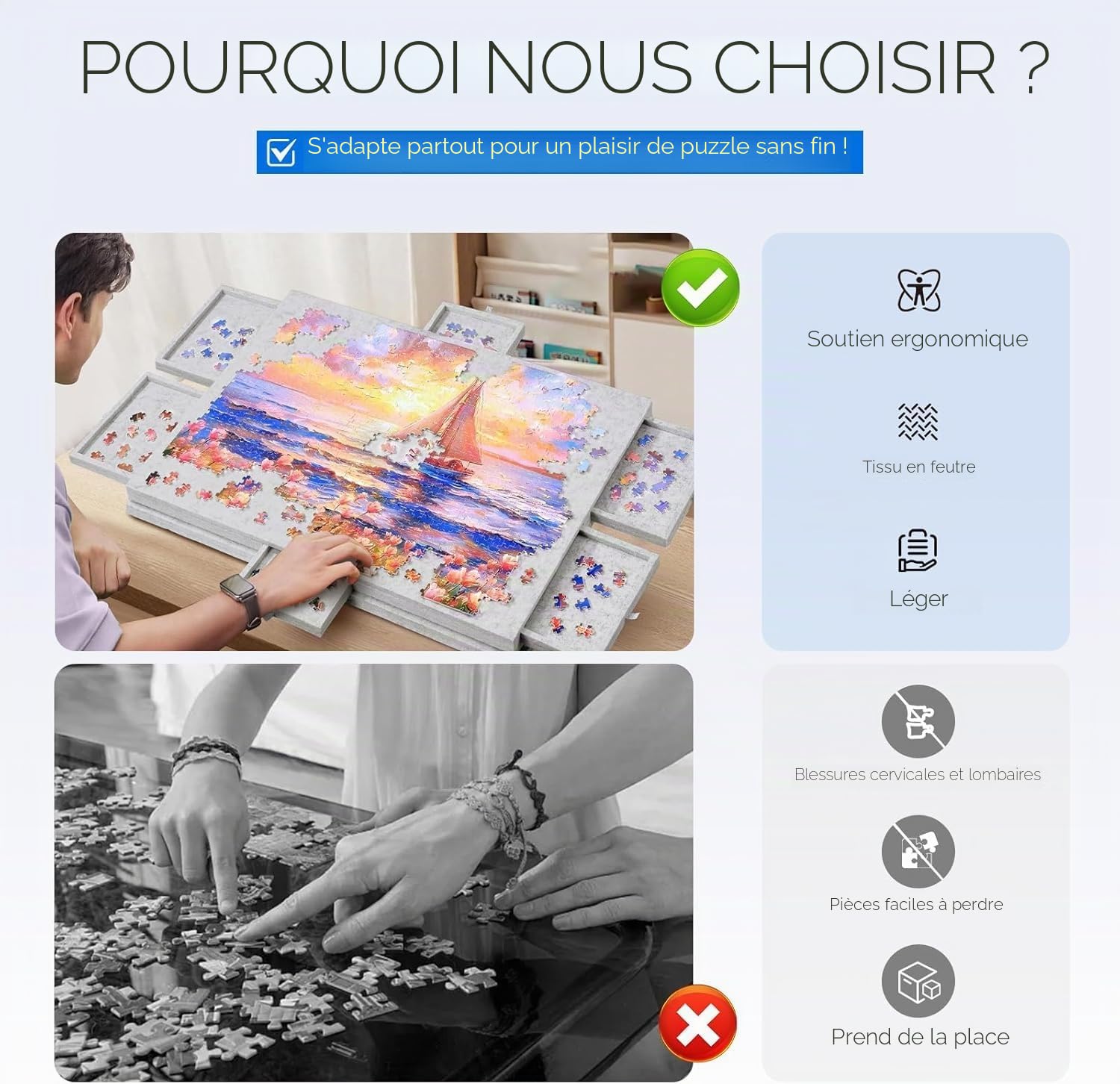 Table Puzzle 1000 Pièces avec Support et Housse 2 en 1 - Inclinable Plateau Puzzle en Feutre Super Léger avec 6 Tiroirs - Portable Puzzles Board Idéal pour Adultes et Enfants (Gris Clair)