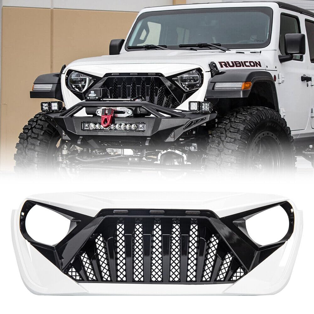 EOMD Front Grill Goliath Grille compatible with 2018-2025 Jeep Wrangler JL & 2020-2025 Gladiator JT, w/Amber LED Lights, ABS (White Black)