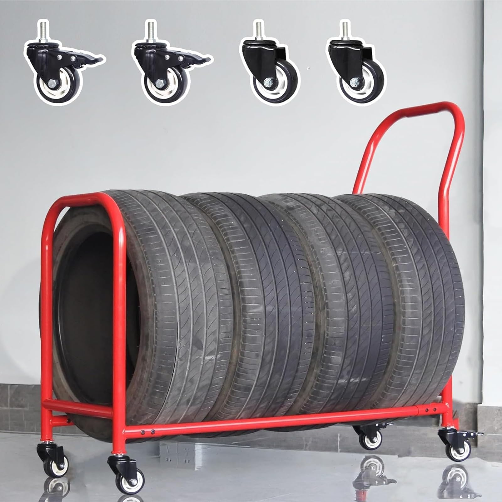 Heavy Duty Tire Rack, Red Multi-Tire Rack Garage Storage, 43.3''x17.3''x41.7'' Rolling Tire Carrier For Wheel ＆ Rims Storage, Easy To Install