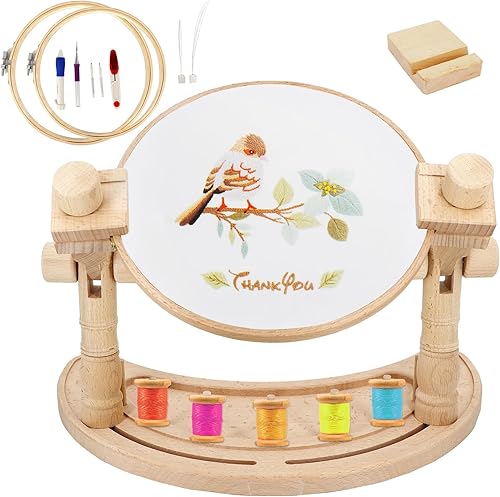 SolidGnik Soporte de bordado estilo luna, soporte de aro de bordado ajustable con kit de bordado y 3 aros de bordado
