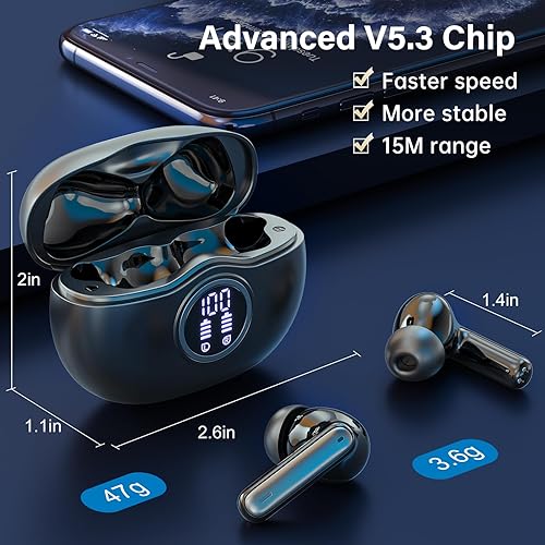 Miniatura 4 de Auriculares inalámbricos, Bluetooth 5.3, estéreo de alta fidelidad, reproducción de 50 horas, pantalla digital LED, auriculares con cancelación