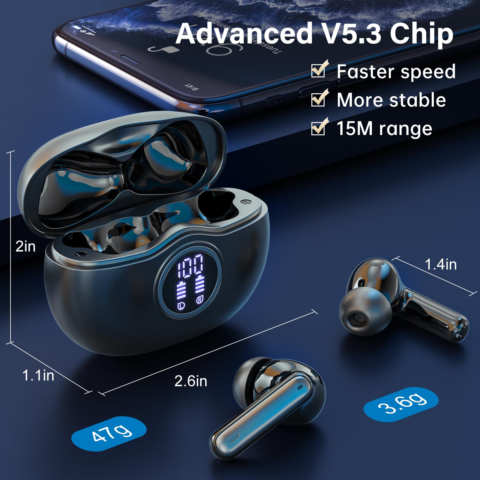 Black Bluetooth 5.3 Wireless Earbuds with ENC Noise Canceling IPX7 Waterproof S75500