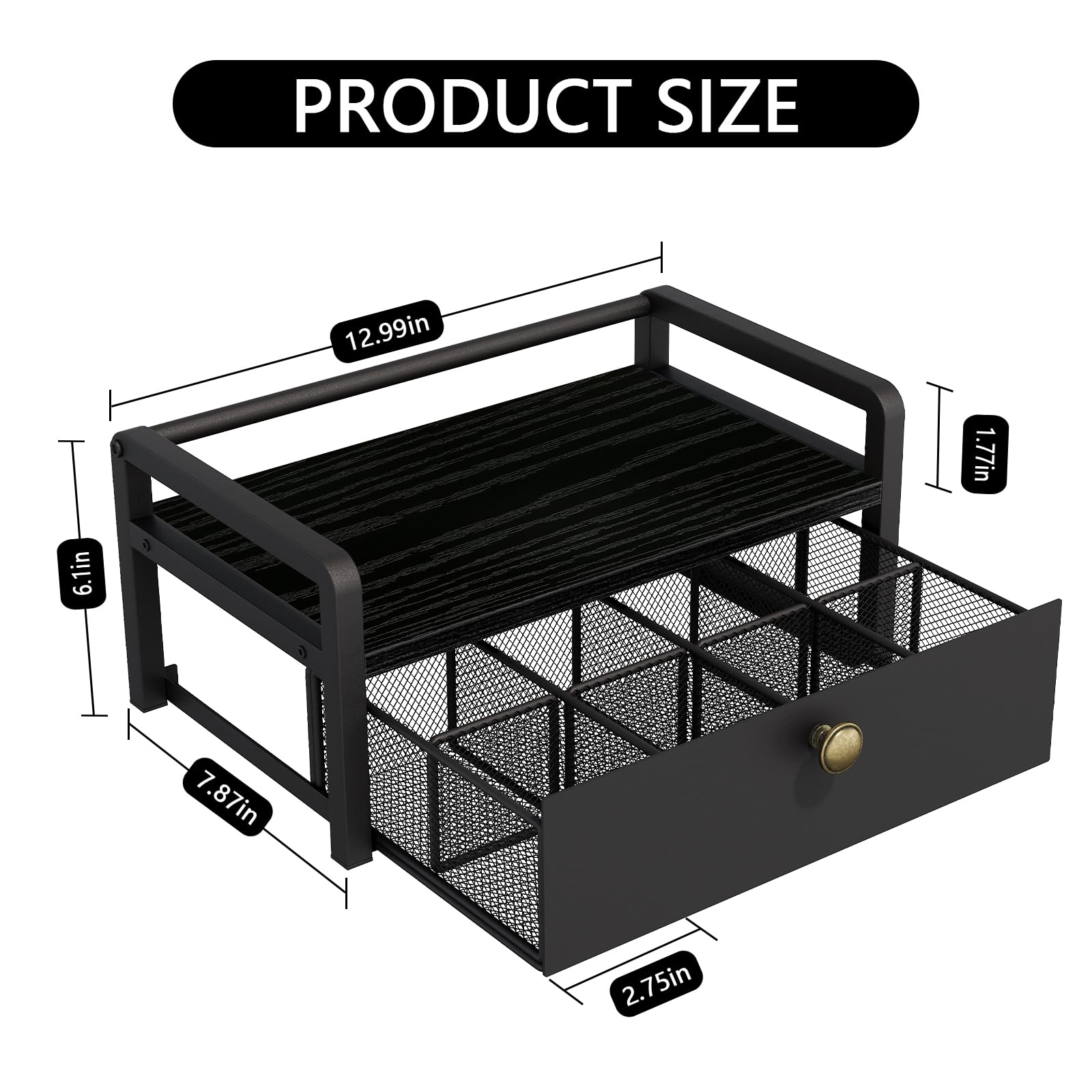 YINMIT Boîte de rangement pour sachets de thé, avec tiroir à 8 compartiments | Boîte à thé en bois et métal et coffre de rangement, organisateur de station à thé pour comptoir de cuisine, noir