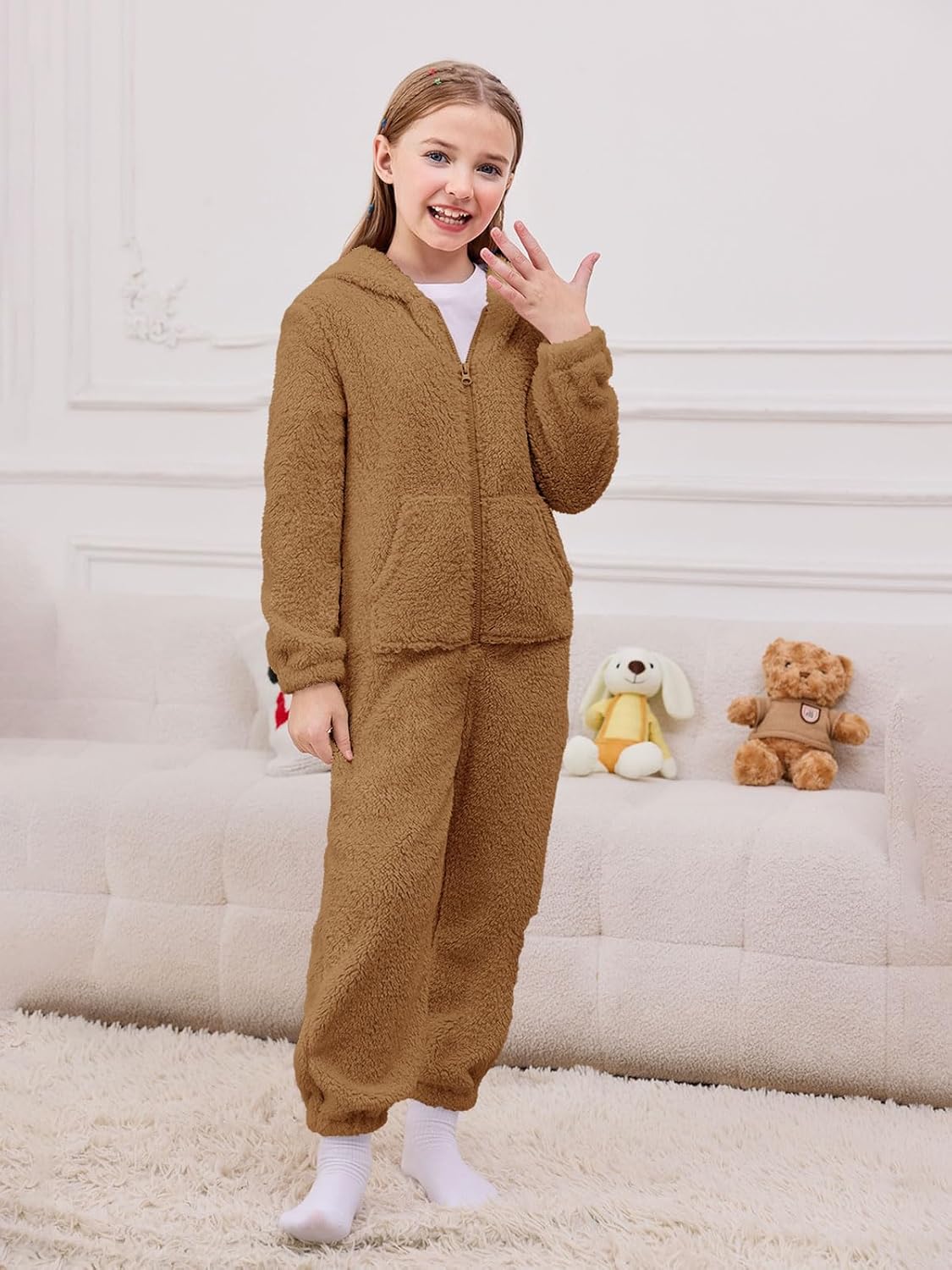 rrhss Girls Sherpa Fleece Onesie Pajamas Kids Zip-Front Animal One-Piece Hooded Sleepwear 5-14 Years - Image 3