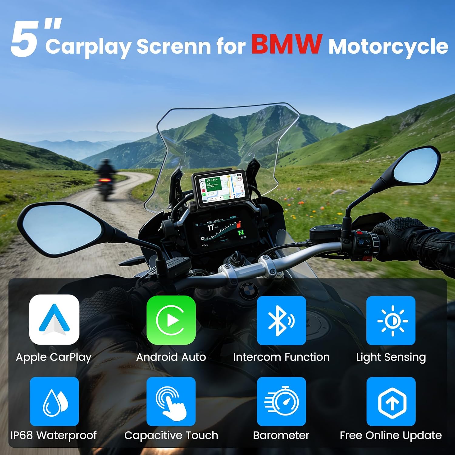 WonVon Motorcycle CarPlay Compatible with BMW F 750 800 850 900 GS, R 1200 1250 1300 GS RS 5" IPS GPS Navigation Wireless Apple CarPlay Android Auto, Bluetooth Audio IP69 Waterproof Music Sharing 4 71JrdLTINML. AC SL1500