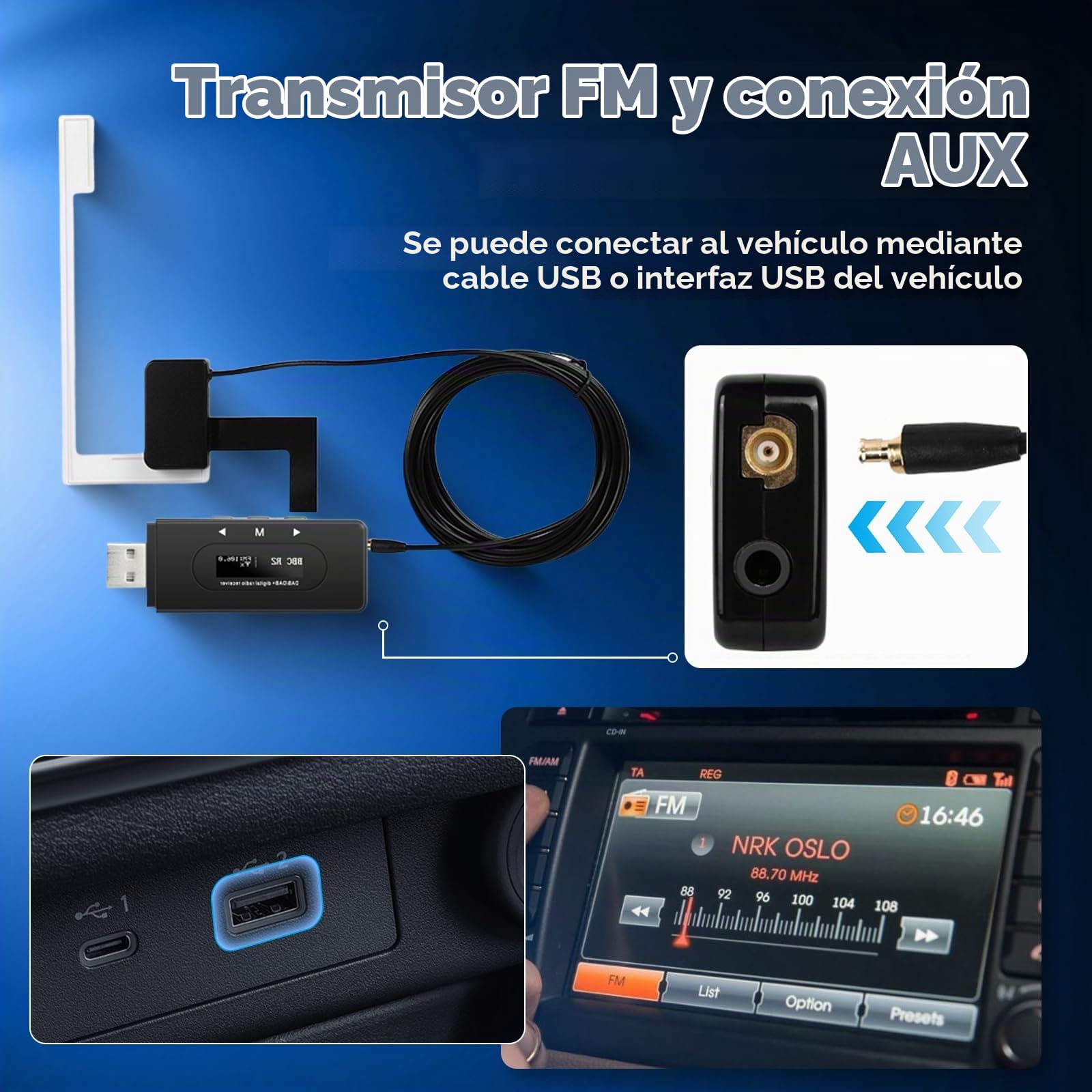 Hodozzy Adaptador Dab/Dab+ para Coche-Receptor de Radio Digital Dab con Antena Activa, Dongle USB 2.0 Módulo Dab Radio Universal, Transmisor FM, Pantalla OLED, Función Line-out para Radios MP5/MP3
