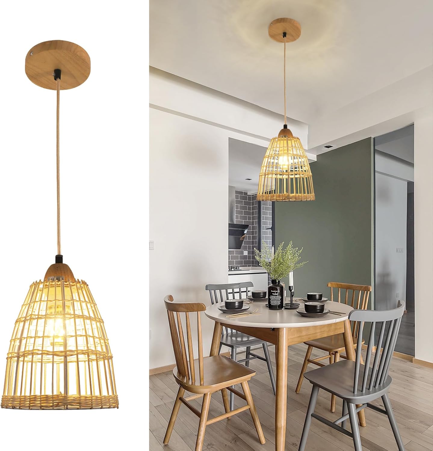 Goeco Pendant Light Rattan Hanging Lights Bamboo Handmade Woven Boho