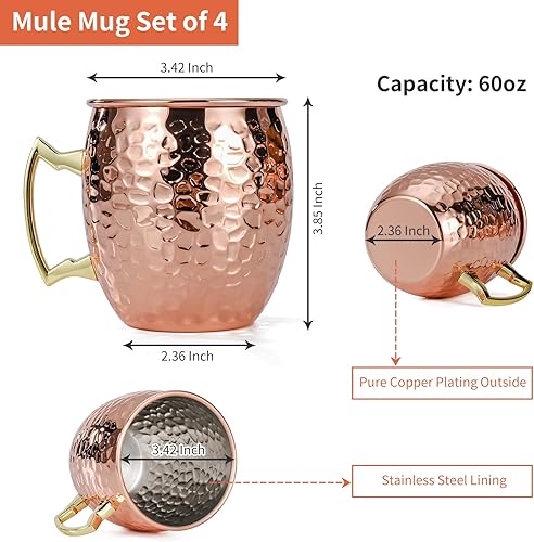 Miniatura 17 de Moscow Mule - Juego de 4 tazas de cobre martillado de 16 onzas con forro de acero inoxidable 304 y asas de latón dorado, para bebidas frías