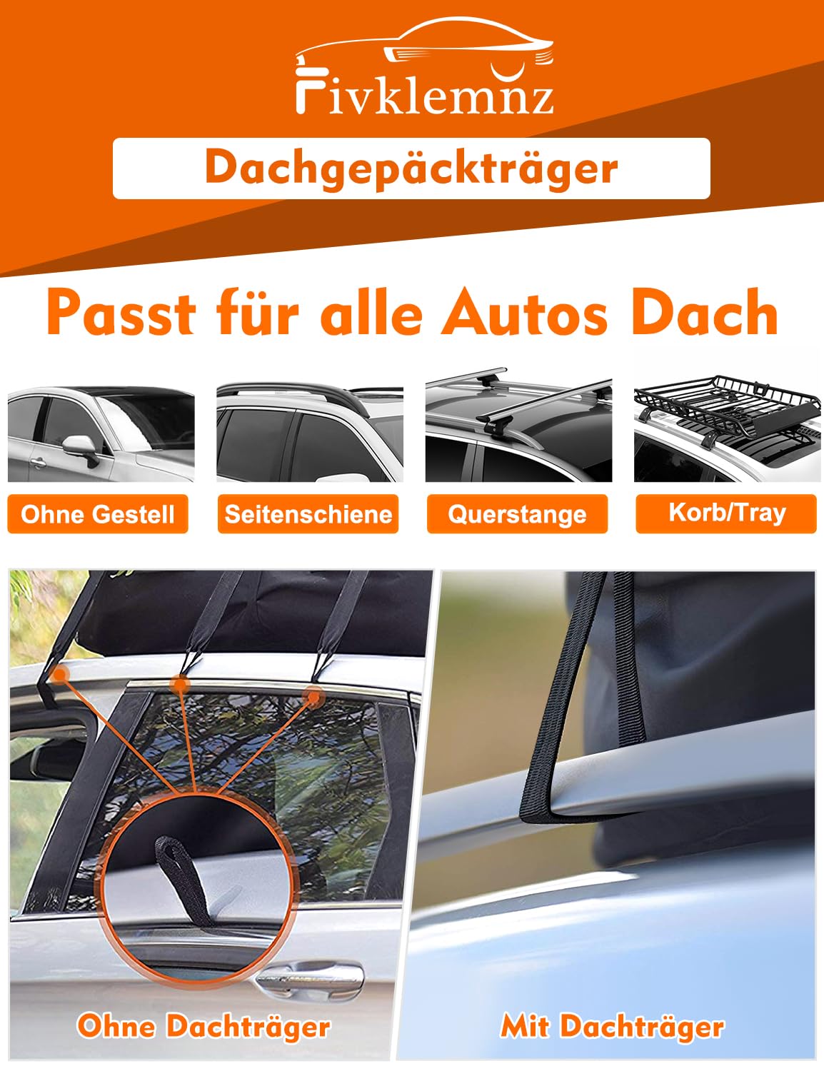 FIVKLEMNZ Dachbox Auto, Dachgepäckträger Tasche, Wasserdicht für alle Fahrzeugdächer mit/ohne Gepäckträger Inklusive Topper Anti-Rutsch-Matte + Verstärkte Gurte +6 Türhaken +Gepäckschloss(21 Kubikfuß)