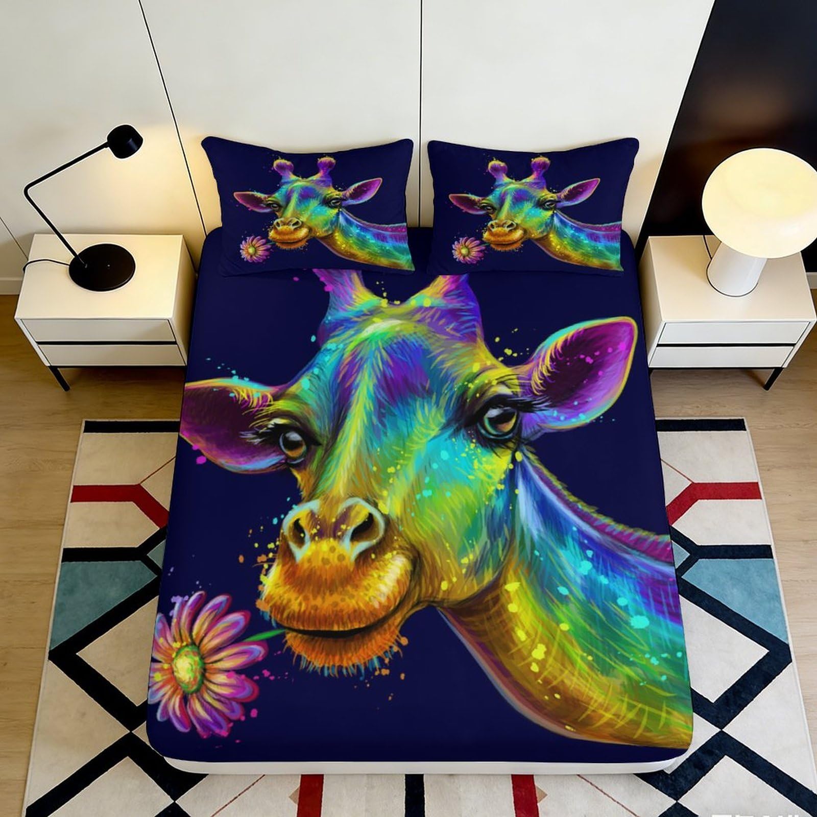 3D Printed Colorful Cow Pattern Fitted Sheet Microfiber Deep Pocket Non-Slip Bedding Rainbow Cow Mattress Fitted Cover Machine Washable 140x200x25cm