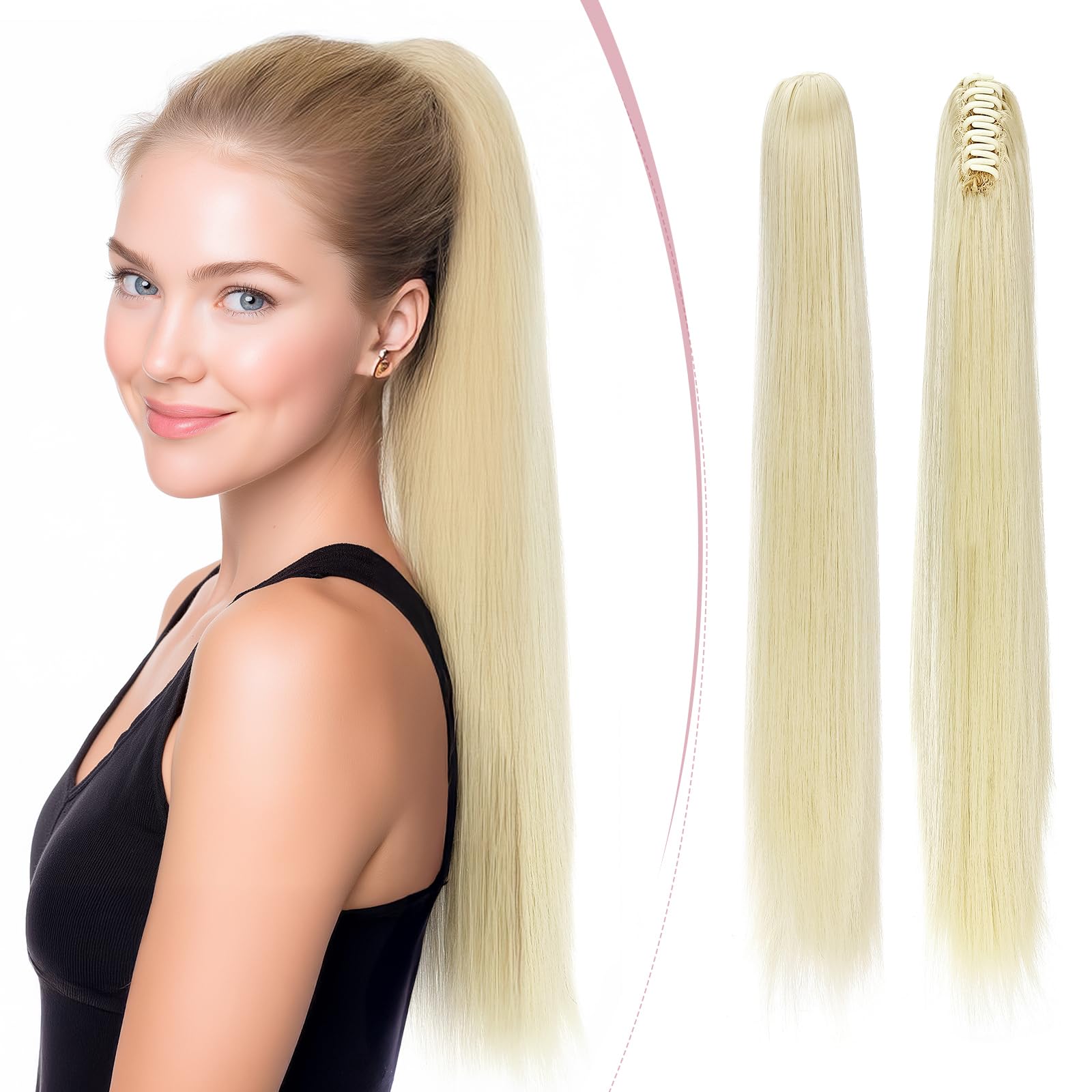SEGO Pro Claw Clip Ponytail Hair Extensions Synthetic Pony Tail Hair Pieces for Women 21 Inch Straight 140g (Bleach Blonde)