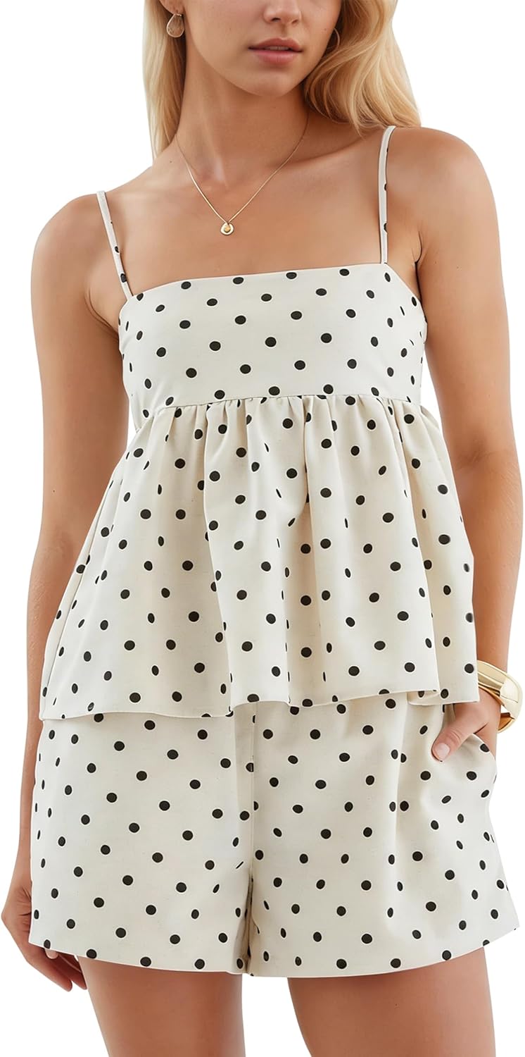 Dsewpaur Women Polka Dot Matching Short Sets Sleeveless Summer Sets Peplum Babydoll Tops Casual Vacation Outfits