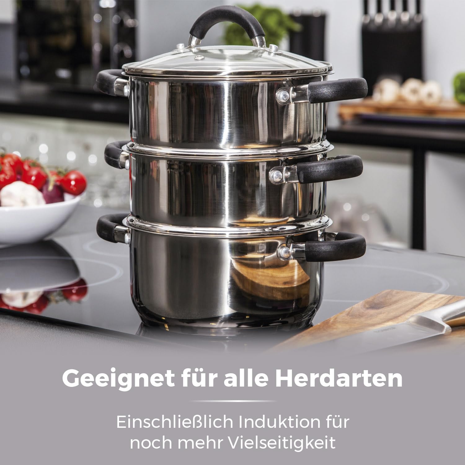 Tower T80836 Essentials Dampftopf Induktion - Dampfgarer Topf 3-Lagig mit Glasdeckel und Silikongriffen - Kartoffeldämpfer Dampfgarer Edelstahl mit Polierter Hochglanzoberfläche 18 cm - Silber