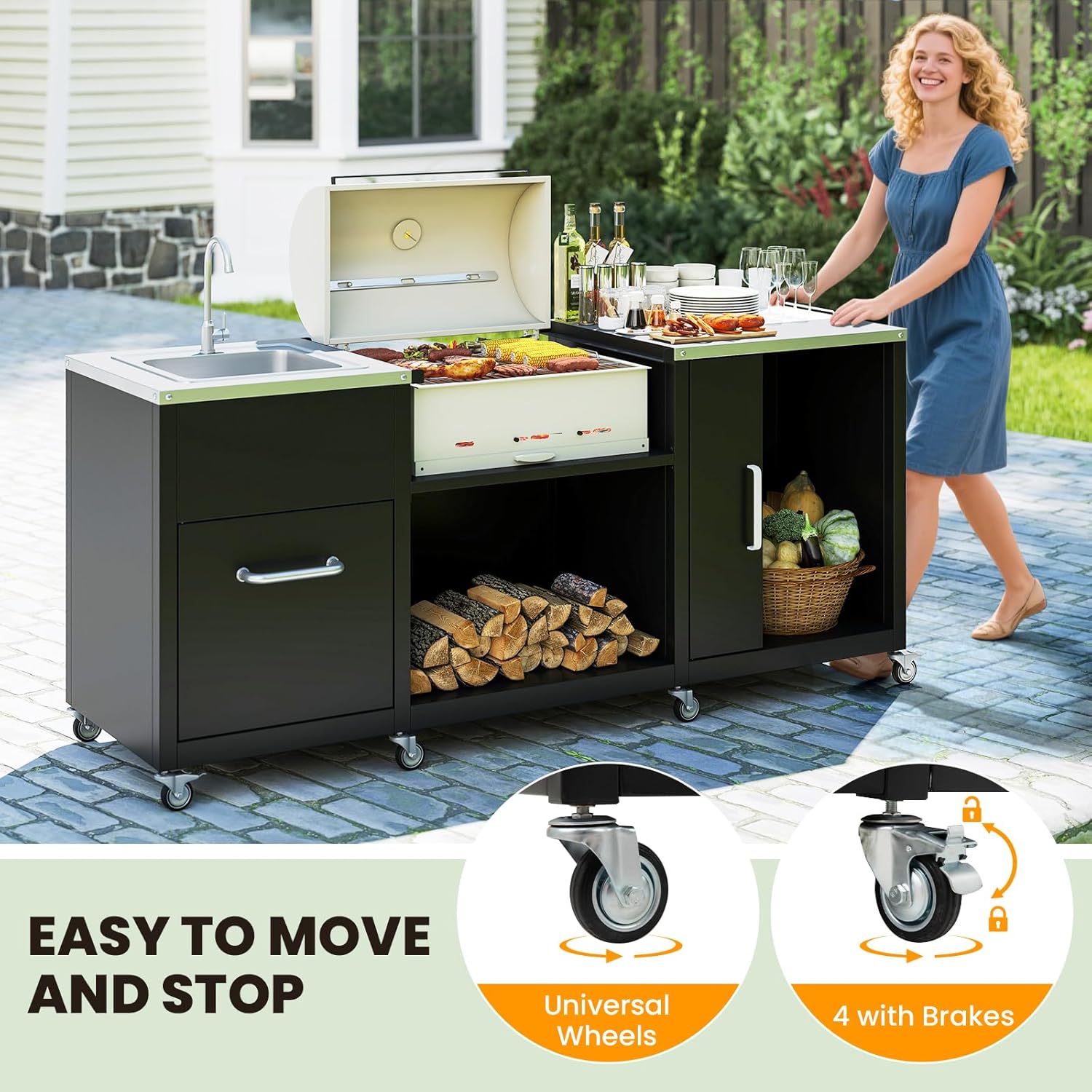 Happygrill 80” Outdoor Grill Table with Sink & Drainage, Heavy Duty Metal Grill Cart w/Cabinet & Removable Stainless Steel Top, Portable Prep Cooking Table w/Wheels for BBQ, Patio, Camping & Backyard