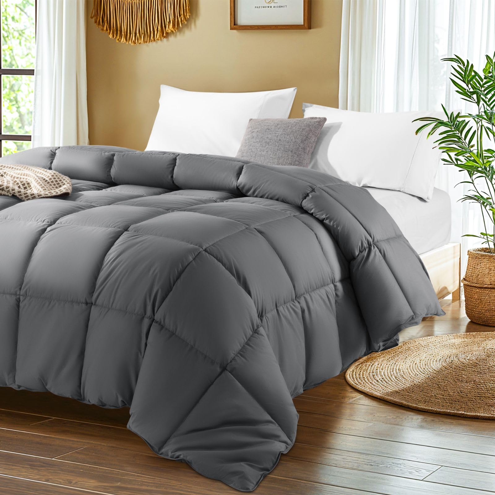 Shilucheng Goose Feather Down Comforter King Size, 100% Cotton Cover
