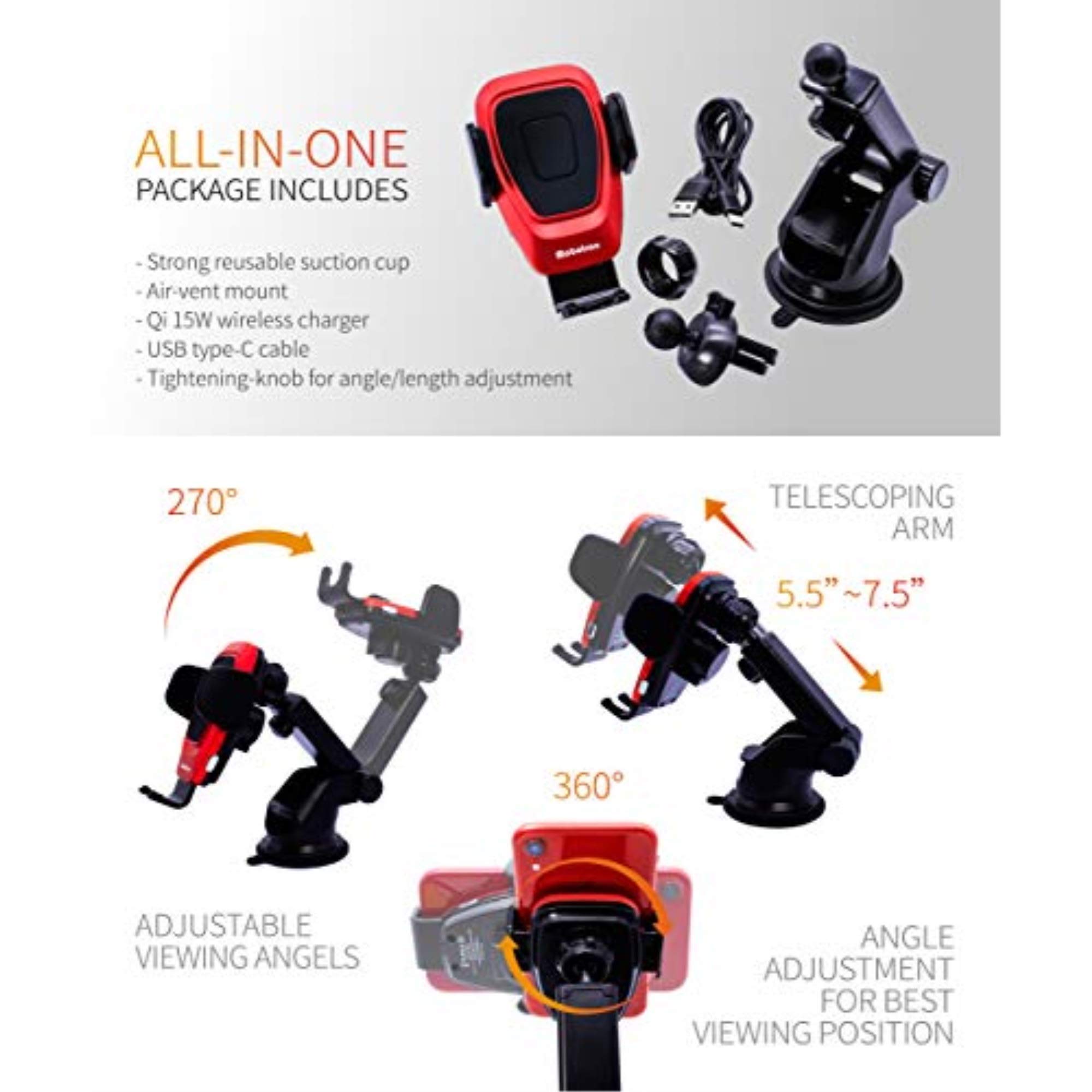 Wireless Car Charger Smartphone Mount (Red), 15W Fast Charging