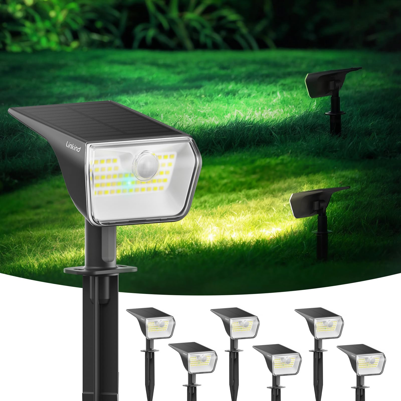 Linkind Solar Motion Sensor Light Outdoor, IP67 Waterproof Solar Stake Lights, Solar Spotlight for Pathway, Patio, Yard, Warm & Cool White Switchable, 8m/120°PIR Detection, Wall & Ground Mount, 6 Pack