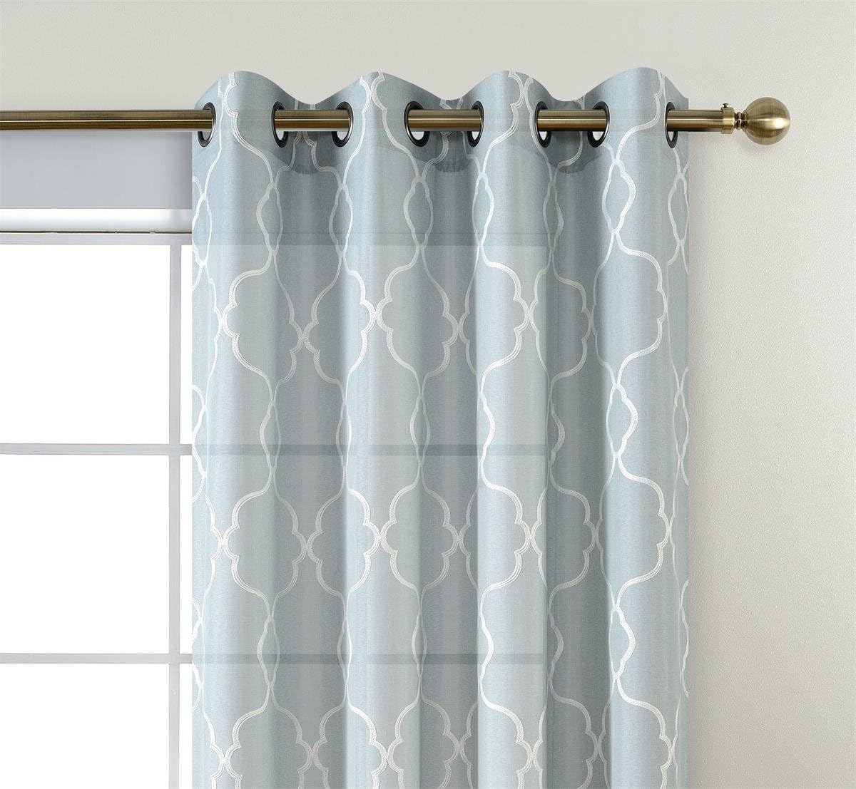 MIUCO Moroccan Embroidered Semi Sheer Curtains Linen Look Grommet Window Curtains for Bedroom 52 x 95 Inch 2 Panels, Sea Foam 52x95 Inch Sea Foam