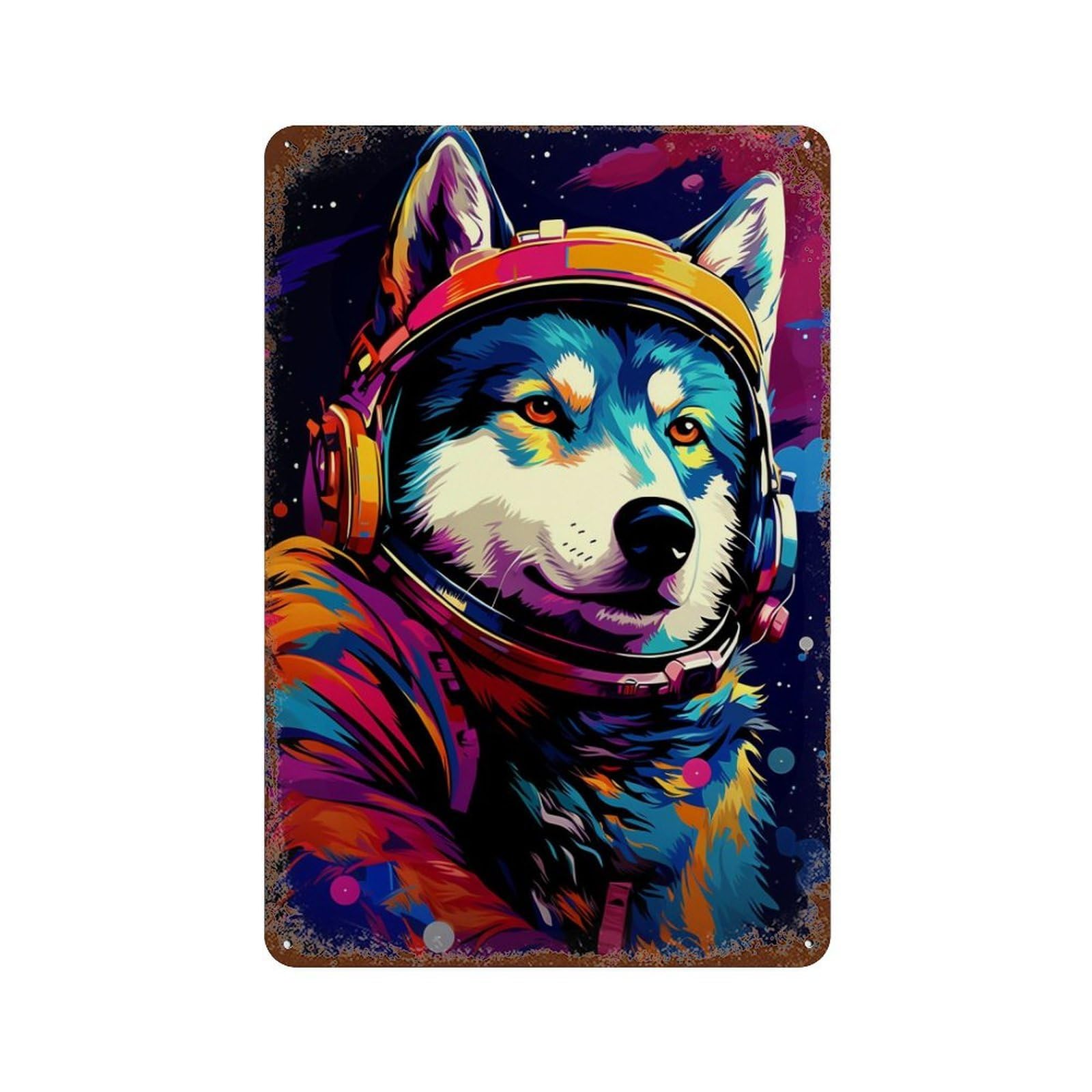 Decorative Tin Sign with Space Dog Explorer-113 Design 11.8"x7.9", for Farmhouse, Kitchen And Entryway Decor, Decorative Metal Wall Art