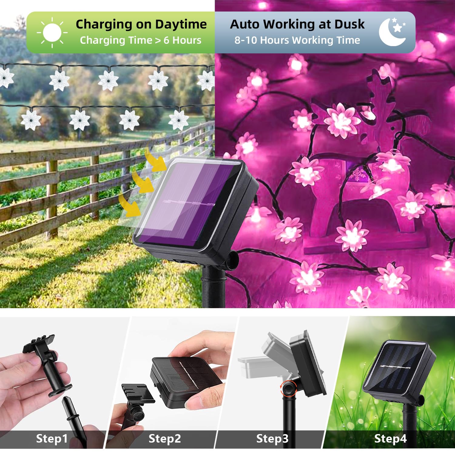 ITICdecor Solar Flower String Lights Outdoor Waterproof 50 LED Upgraded Flower Fairy Light for Garden Fence Patio Yard Christmas Tree Lawn Party (): Pink