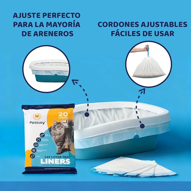 Foto 5 de 8 de Pettiny 20 Bolsas Higiénicas para Bandejas de Gato Forros Resistentes con Asas para Areneros Medianos…