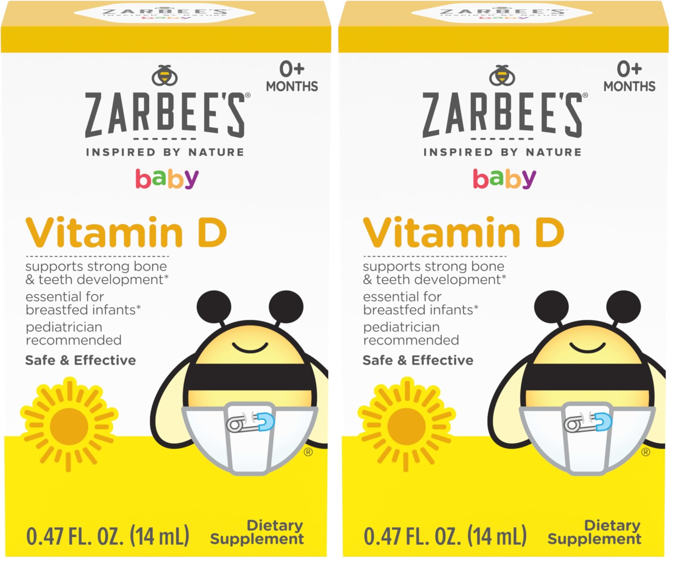 Zarbee's Vitamin D Drops for Infants, 400IU (10mcg) Baby & Toddler Liquid Supplement, Newborn & Up, Dropper Syringe Included, 0.47 Fl Oz (Pack of 2)