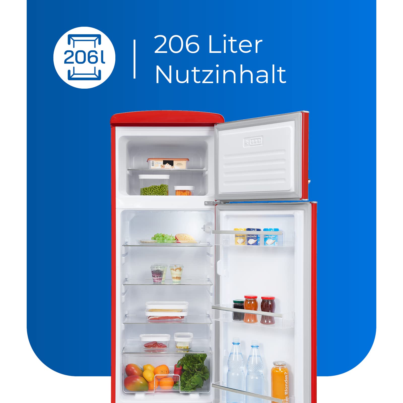 Exquisit Retrokühlschrank RKGC270-45-H-160E rot, Freistehend, insgesamt 206, Volumen, Rot, Kühlen und Gefrieren, Glasablagen und Gemüsefach, Retro Style