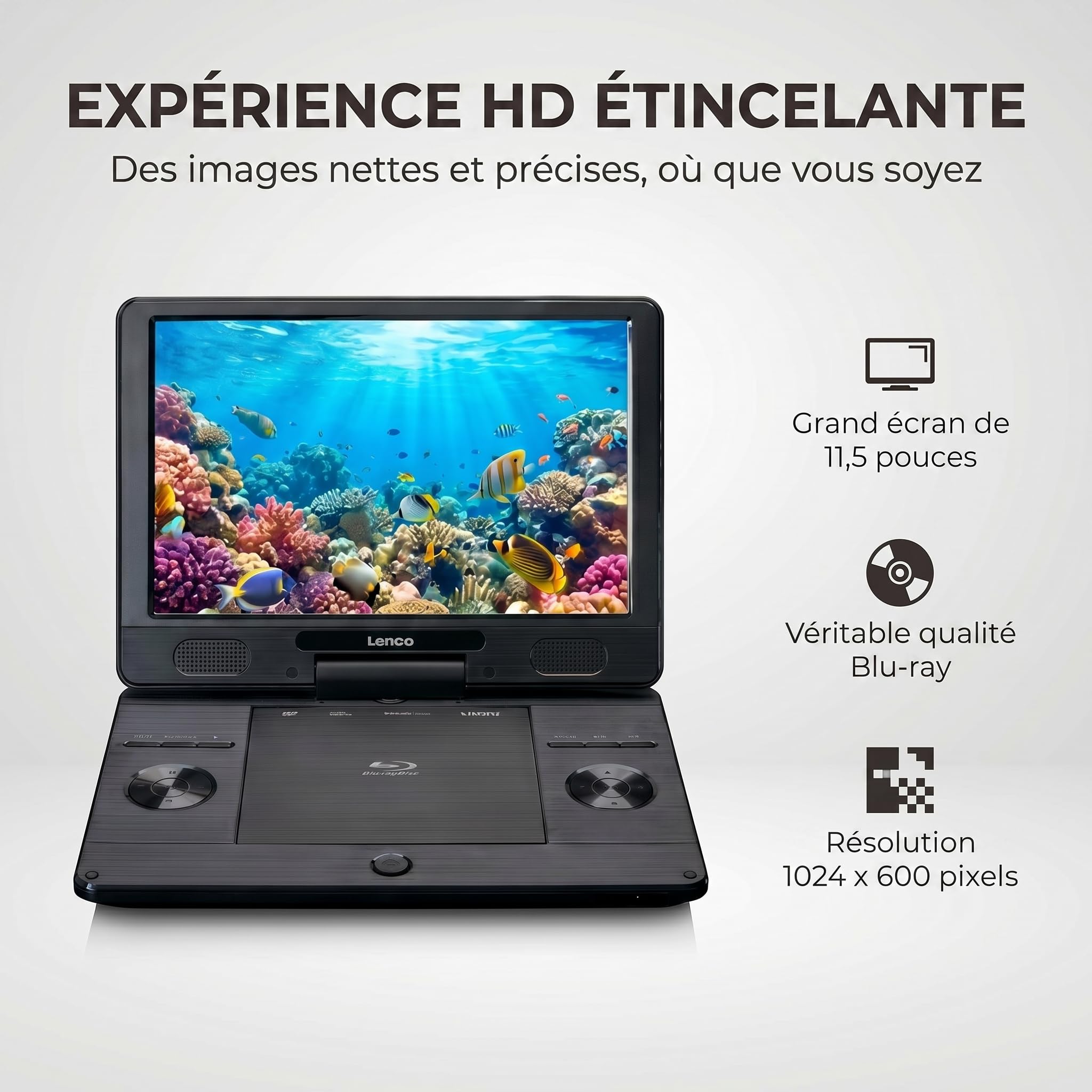 Lenco BRP-1150BK Lecteur Blu-Ray Portable 11,5" écran TFT 1024x600 Pixels Batterie intégrée Noir