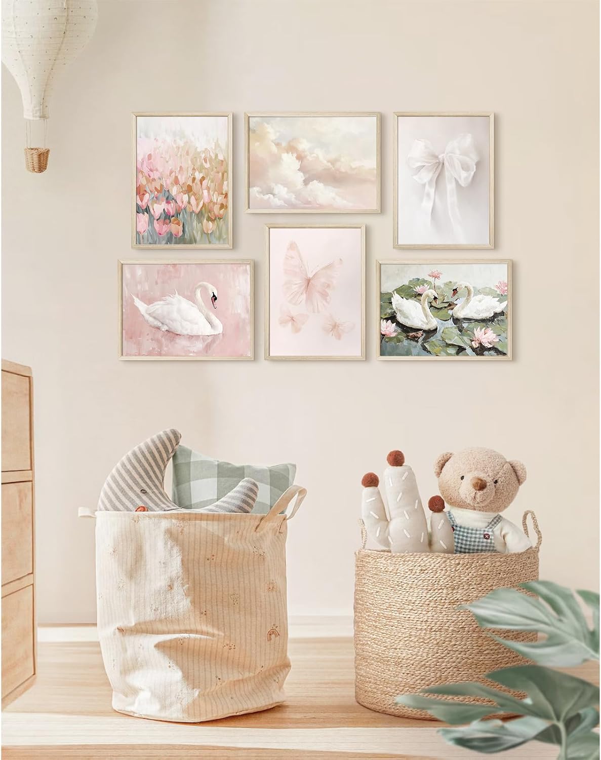 Coquette Pink Wall Art Decor Aesthetic Swan Posters Bow Flower Canvas Wall Art Preppy Cute Pictures Trendy Butterfly Posters Coquette Aesthetic Prints for Girl Dorm Bedroom 12x16x6 Inch Wood Framed
