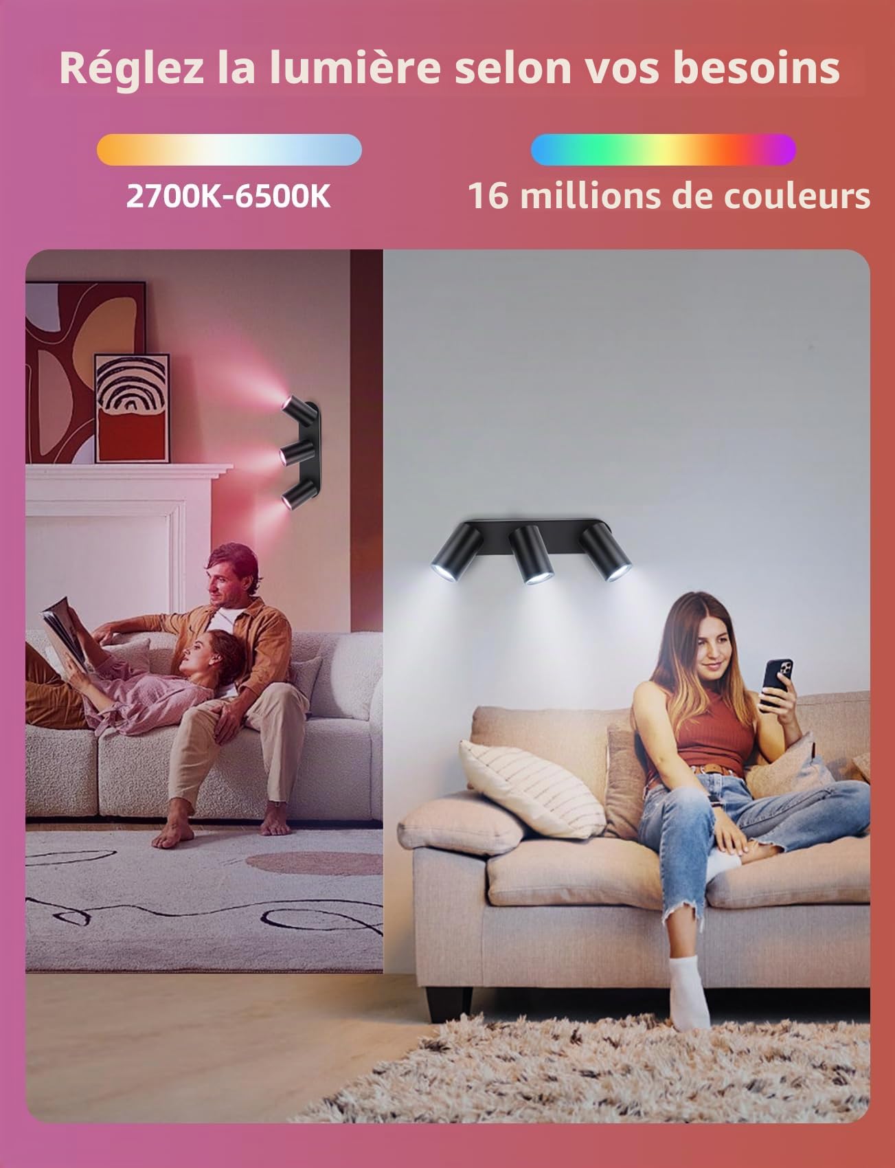 Aigostar Plafonnier LED Spots Alexa GU10, Applique 3 Spots de Plafond Couleur Réglable, Plafonnier avec Télécommande pour Cuisine Chambre Salon (Avec Ampoule Connectée)