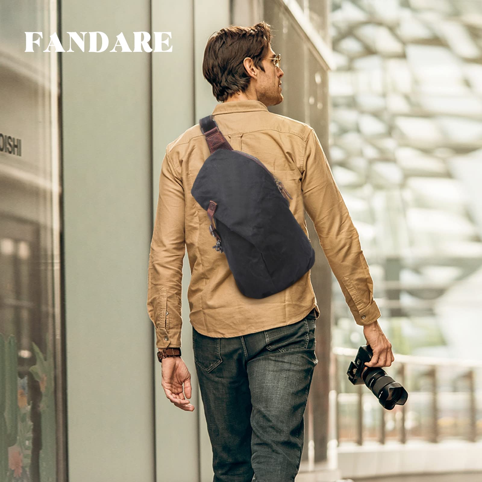 FANDARE Rétro Sac de Poitrine Toile Sac Bandoulière Sling Crossbody Bag Homme Sacoche Sac d'Epaule Sacoche de Ceinture pour Voyage Randonnée Camping Crossbody Bag Noir