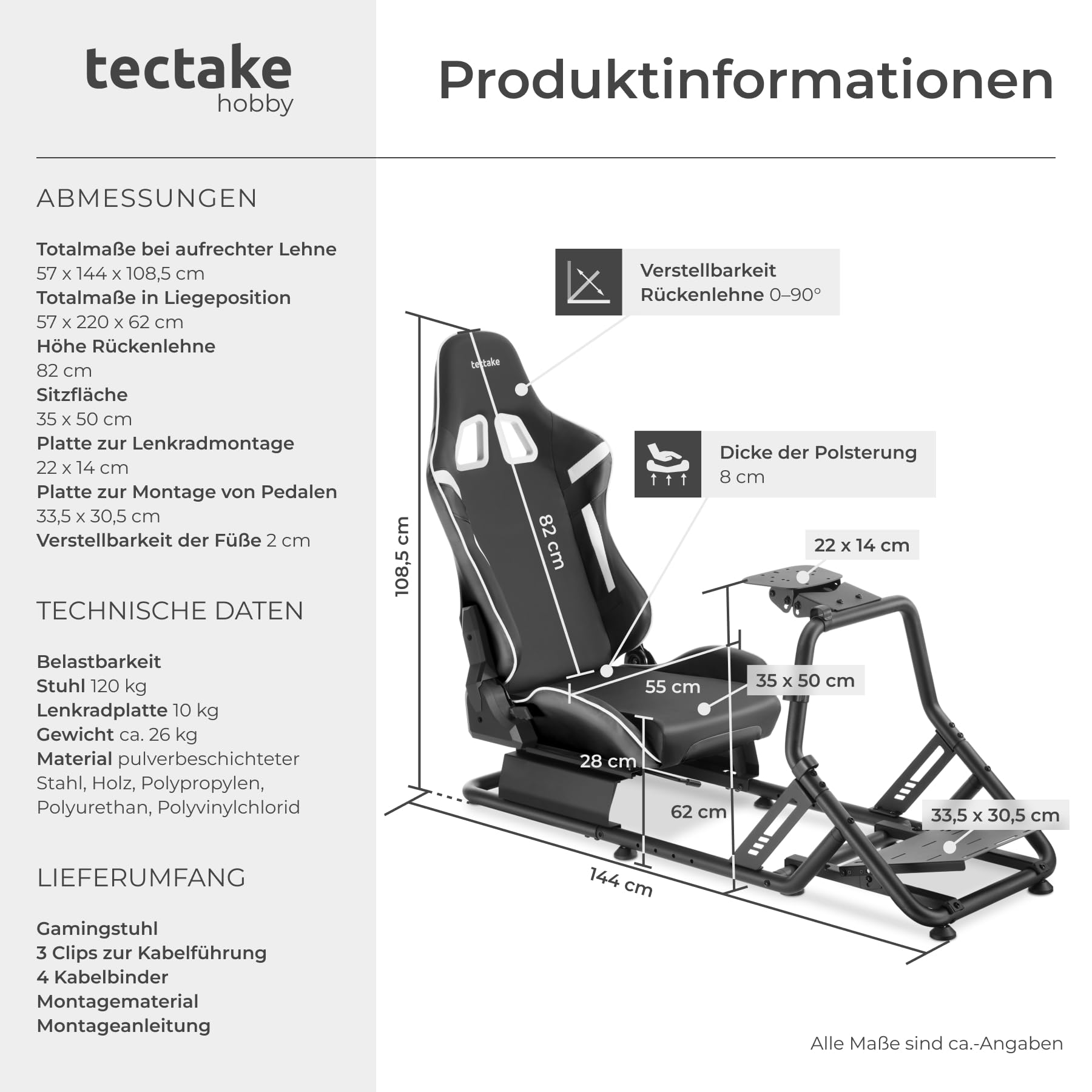 tectake® Sim Racing Cockpit kompatibel mit Fanatec, Logitech, Thrustmaster, GT-Style Rennsitz verstellbar, 120 kg belastbar, Gaming Stuhl Simulator, ohne Lenkrad Pedale, Stahlgestell - schwarz/schwarz