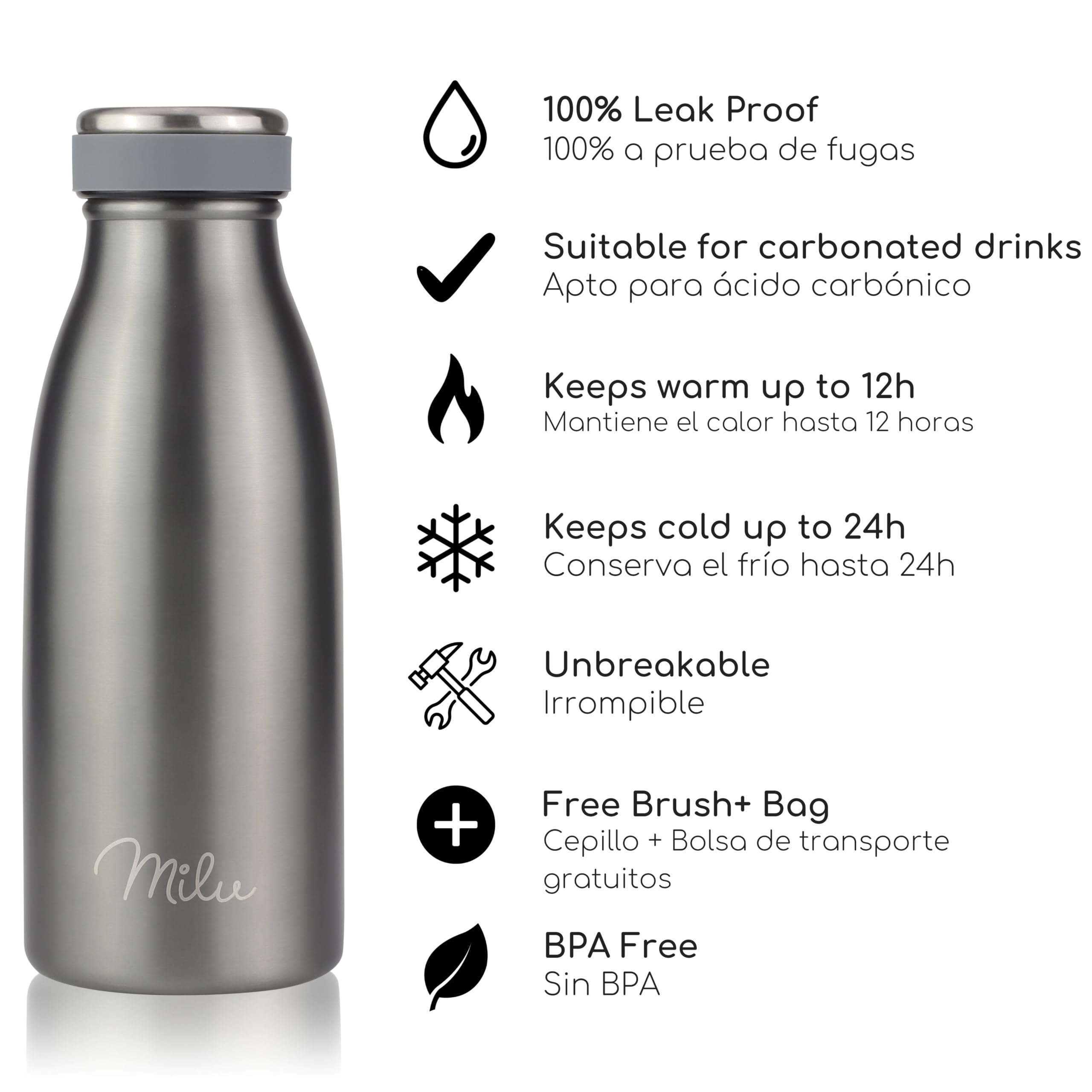 Milu Botella de acero inoxidable de 350ml 500ml 750 ml 1 L 1,5 L botella de agua aislada, termo a prueba de fugas, doble pared, apta para ácido carbónico + cepillo de limpieza (Azul Violeta, 350ml) — view 211