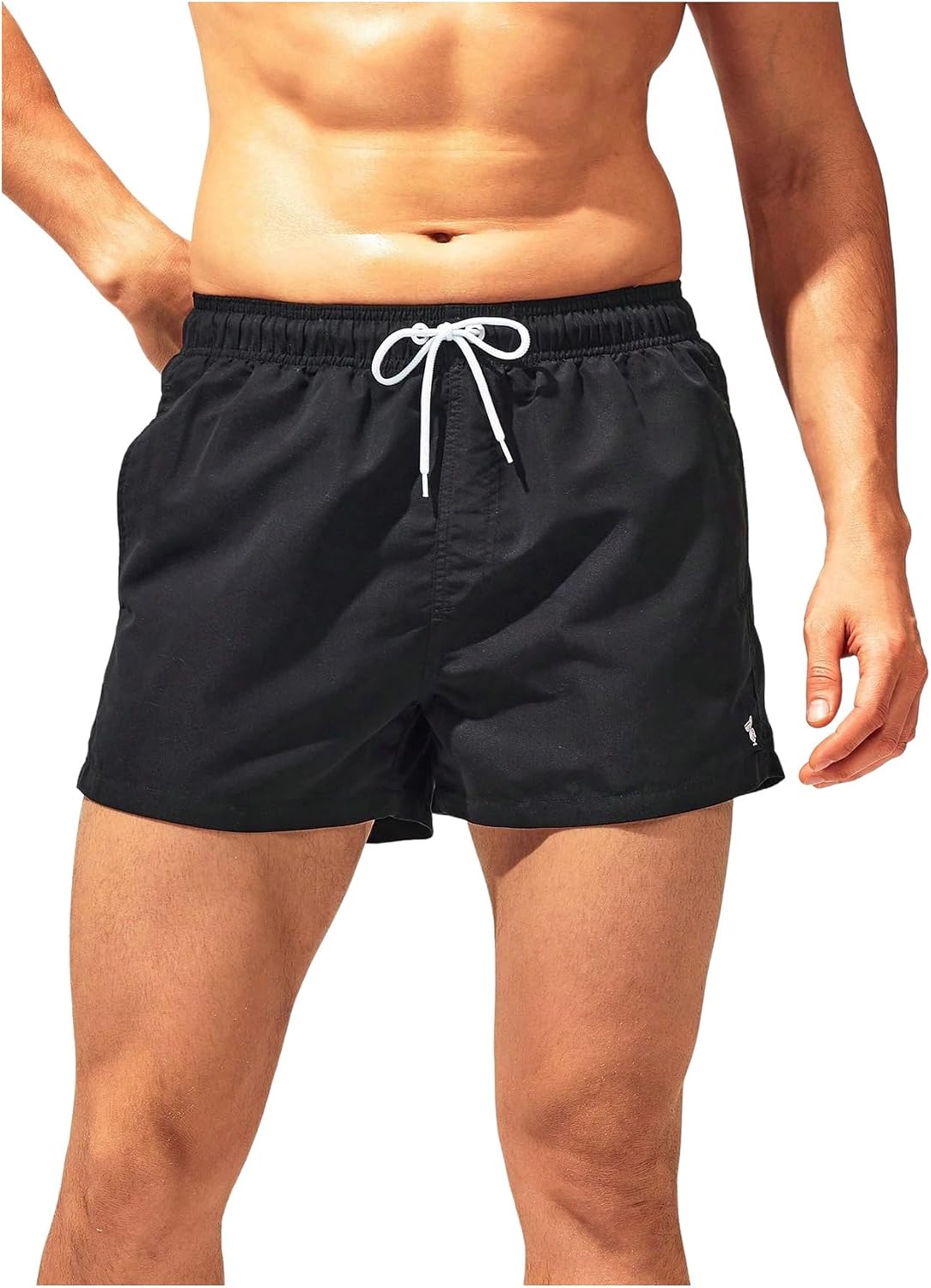 GORGLITTER Men's Drawstring Elastic Waist Swim Trunks Embroidery Shorts With Slant Pocket