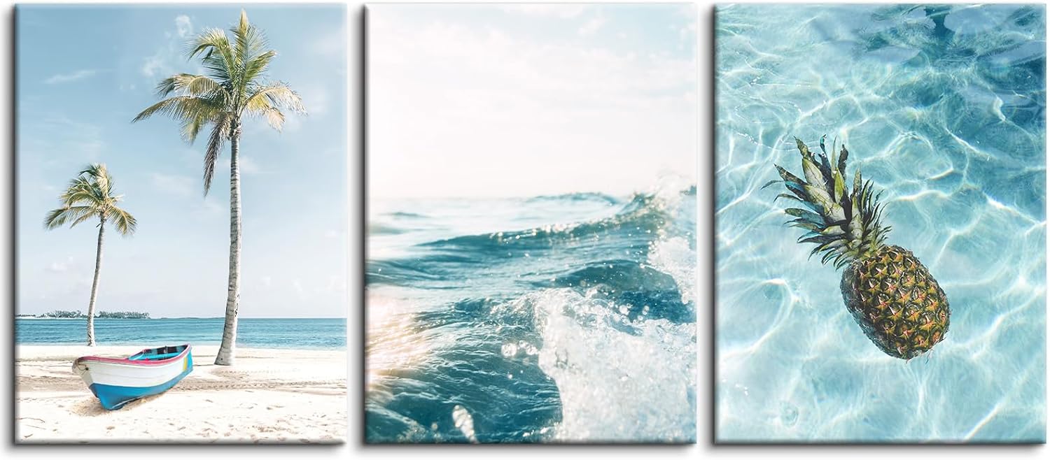 3 Panel Beach Pictures Canvas Wall Art, Beach Wall Decor Paintings Decorations for Home, Living Room, Bathroom Kitchen, 12x16 inches x3pcs