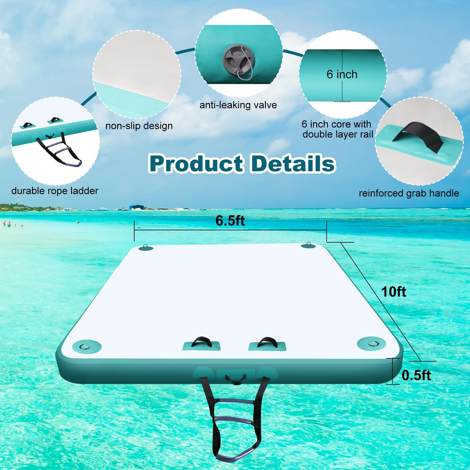 Aufblasbarer Schwimminsel Badeinsel, Schwimminsel Aufblasbar für 2-6 Personen, mit Aufbewahrungstasche, Reparaturmaterial, Spannseil, Leiter, Sehr Geeignet für Meer, Schwimmbad, See