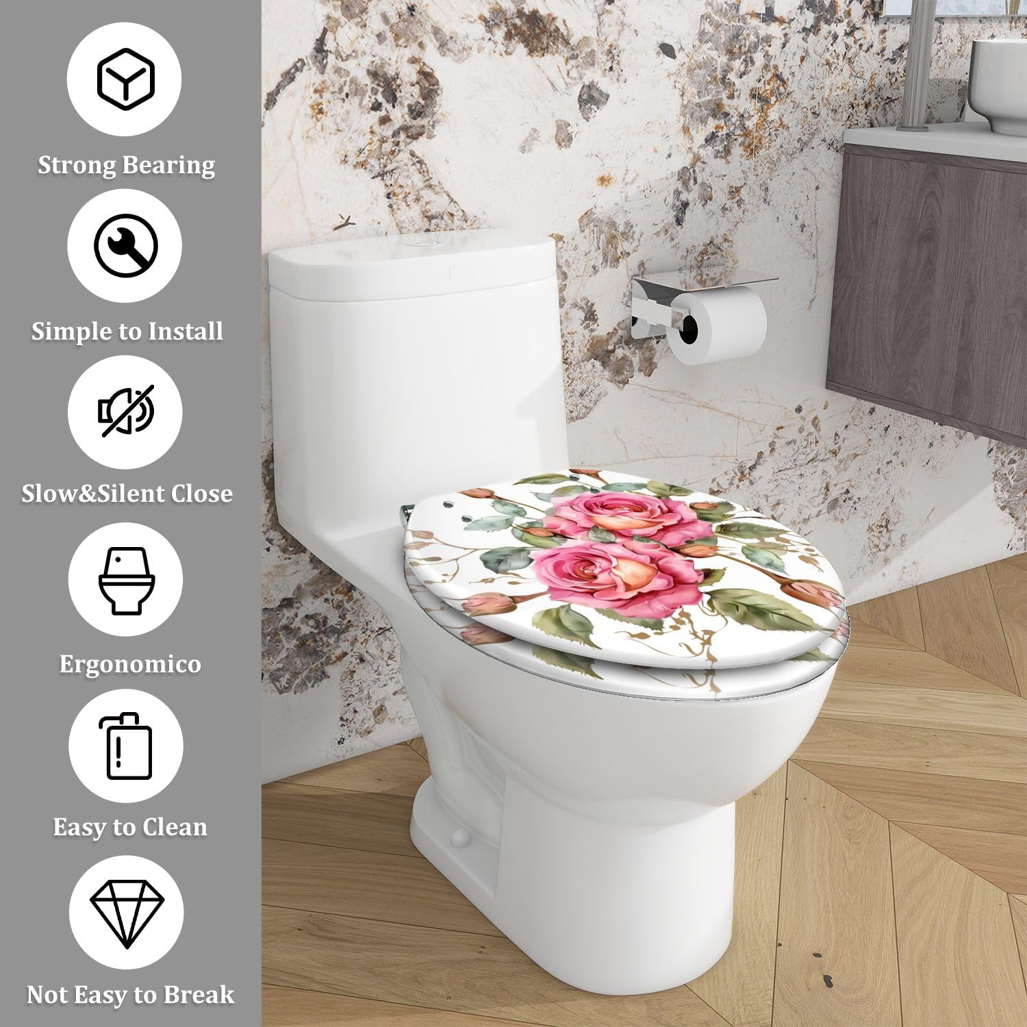 Dekorativer, länglicher WC-Sitz in Aquarellrosa aus Kunstharz mit Absenkautomatik und Schnellverschluss, inklusive Deckel, einfache Montage